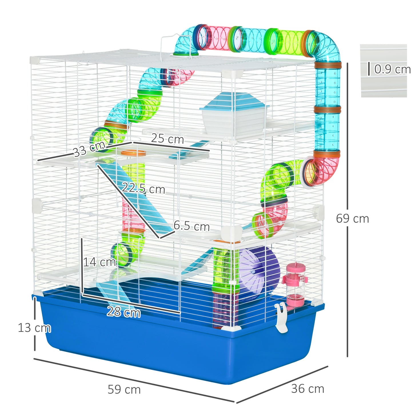 PawHut Large Hamster Cage, 5-Level Gerbil Haven, Small Rodent House, Tunnel Tube System, with Water Bottle, Exercise Wheel, Food Dish, Ramps, 59 cm x 36 cm x 69 cm, Blue