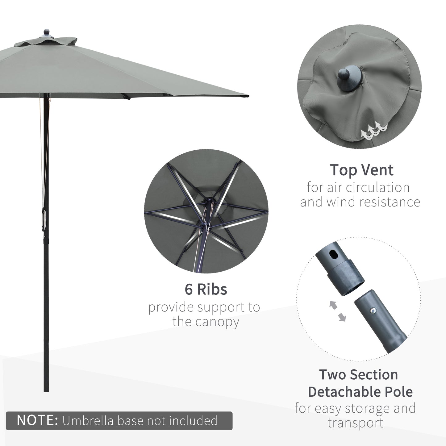 Outsunny 2.8m Patio Sun Umbrella Parasol Outdoor 6 Ribs Sunshade Canopy Manual Push Garden Backyard Furniture Dark Grey BASE NOT INCLUDED Table