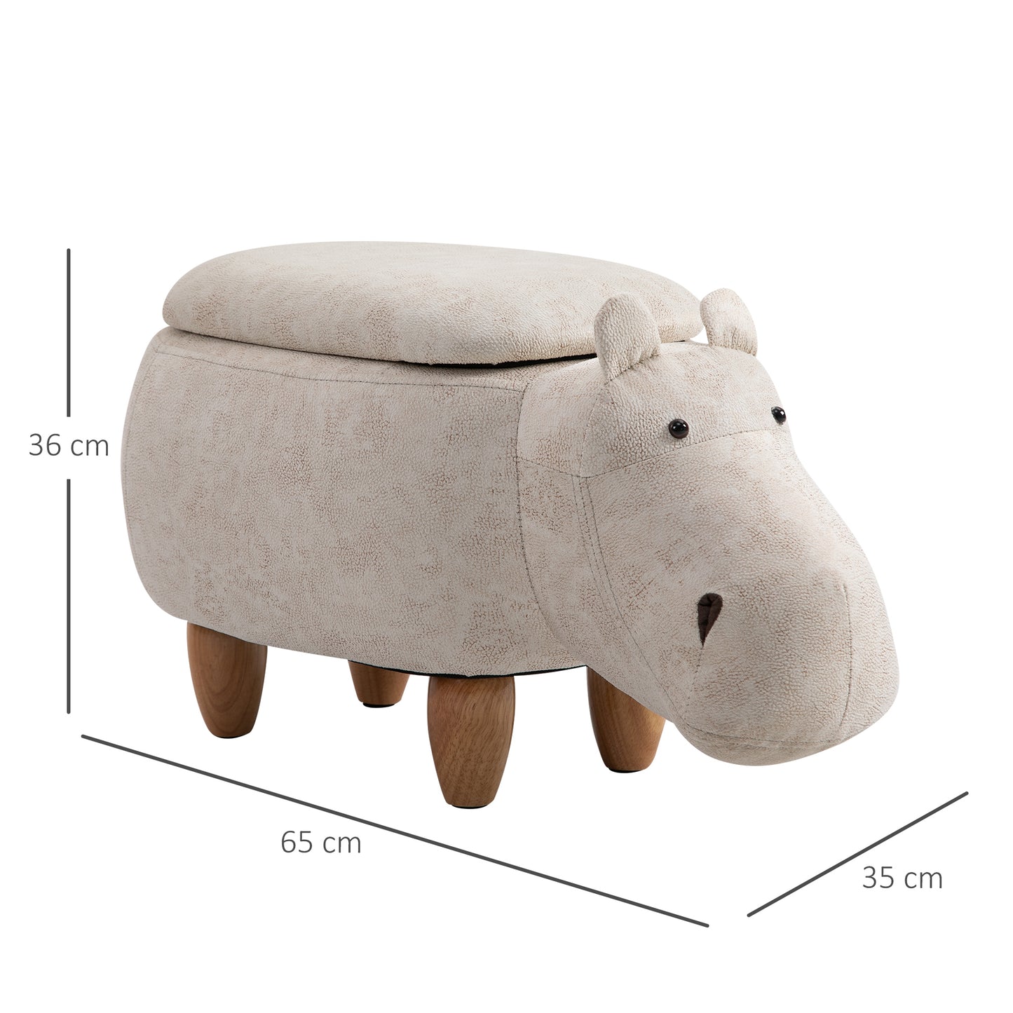 HOMCOM Hippo Storage Stool Cute Decoration Footrest Wood Frame Legs with Padding Lid Ottoman Animal Furniture Cream 36 x 65cm