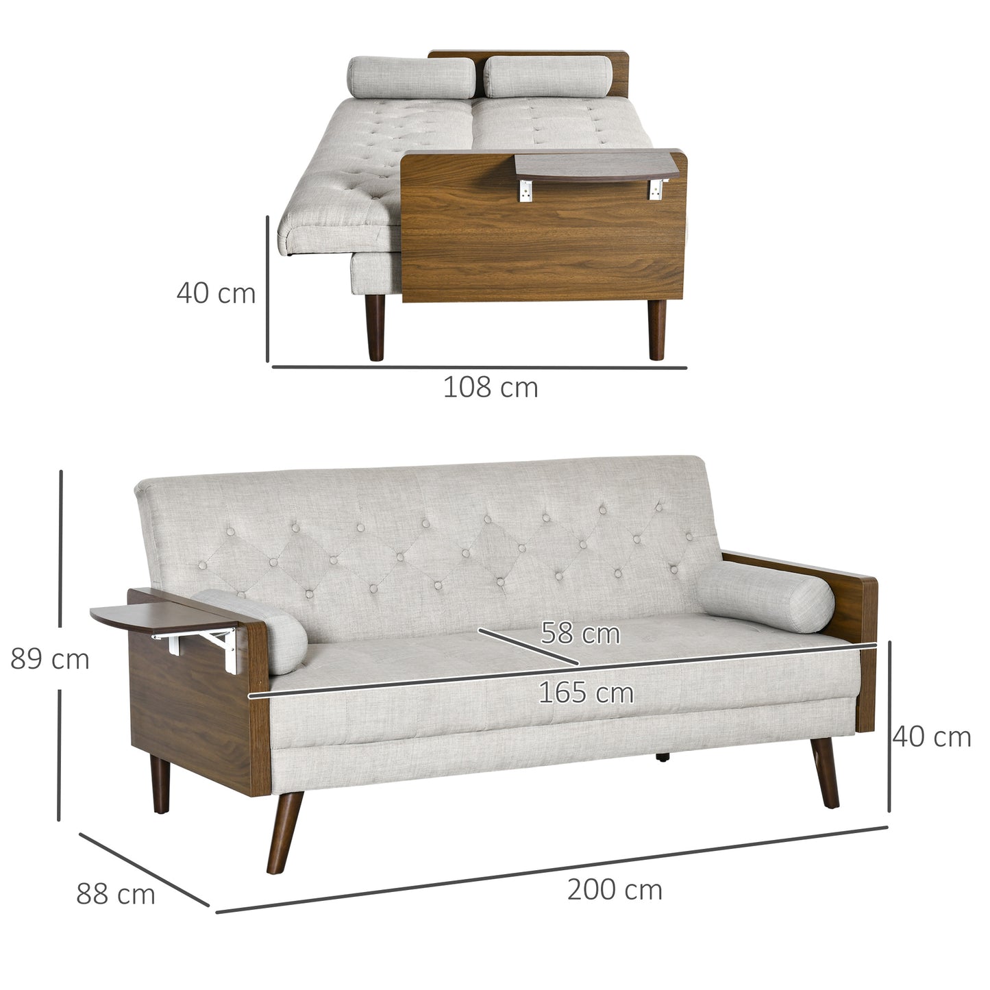 HOMCOM 3-Seater Sofa Bed Click-Clack Button-Tufted Settee Recliner Couch with Wood Legs for Living Room, Beige