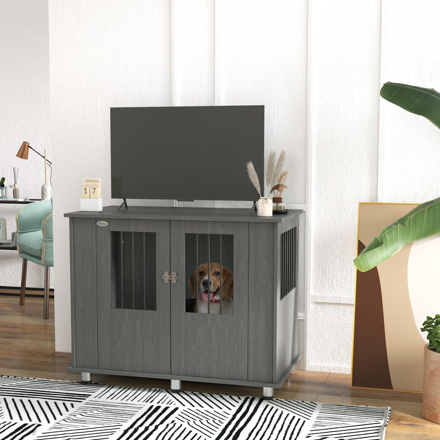 PawHut Dog Crate Table for Medium and Large Dogs with Magnetic Door for Indoor Use 100 x 55 x 80 cm Grey
