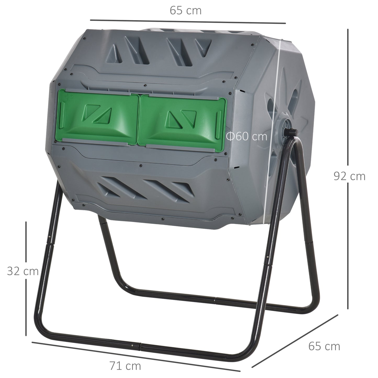 Outsunny 160L Tumbling Compost Bin Outdoor Dual Chamber 360° Rotating Composter, Garden Compost Bin w/ Sliding Doors & Solid Steel Frame, Grey