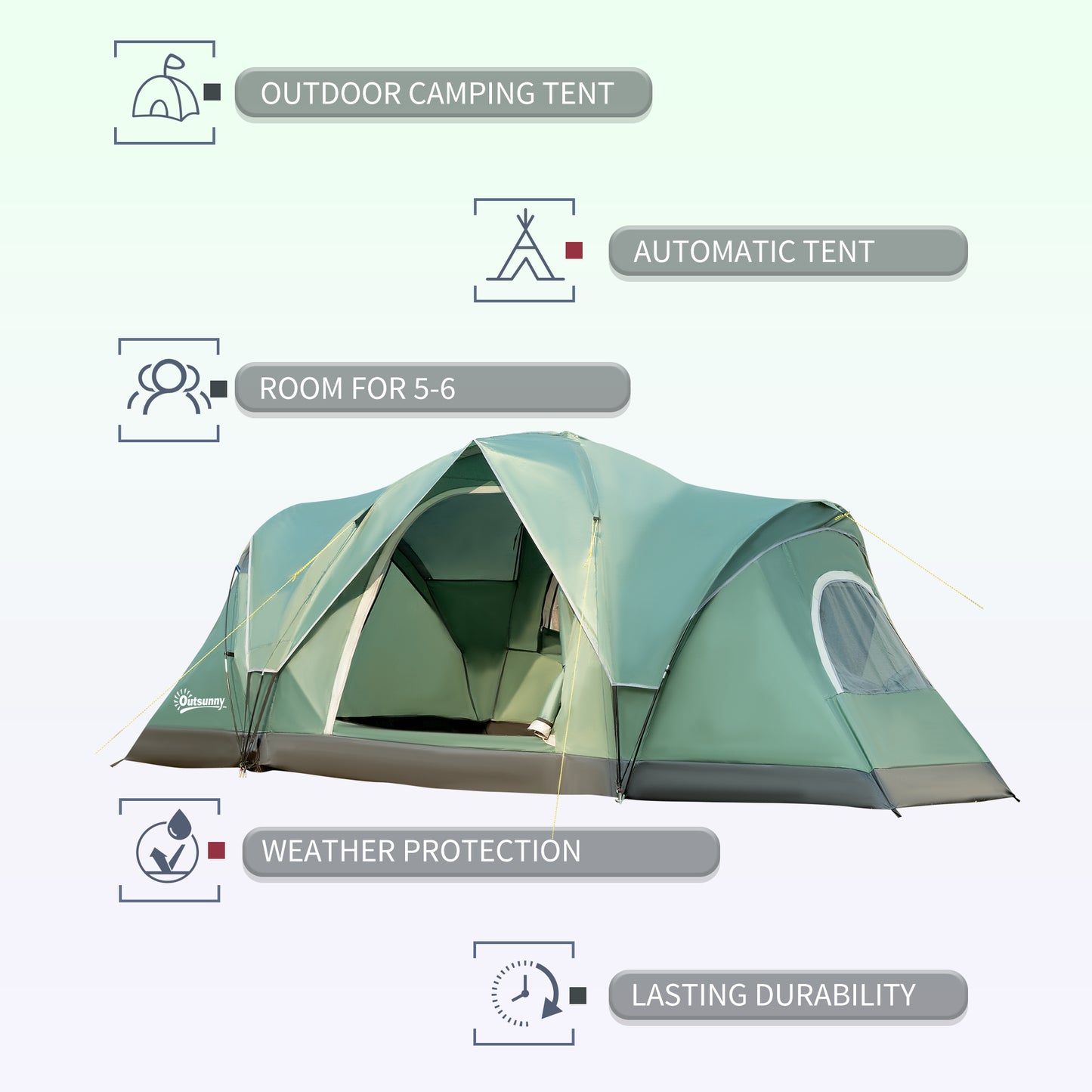 Outsunny 5-6 Man Dome Camping Tent Hiking Shelter UV Protection 3000mm Water Resistant Tunnel Tent - Dark Green