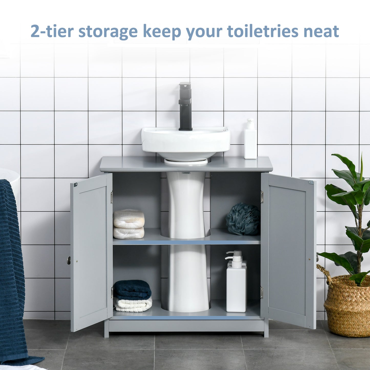 kleankin 60x60cm Under-Sink Storage Cabinet w/ Adjustable Shelf Handles Drain Hole Bathroom Cabinet Space Saver Organizer Grey Handle