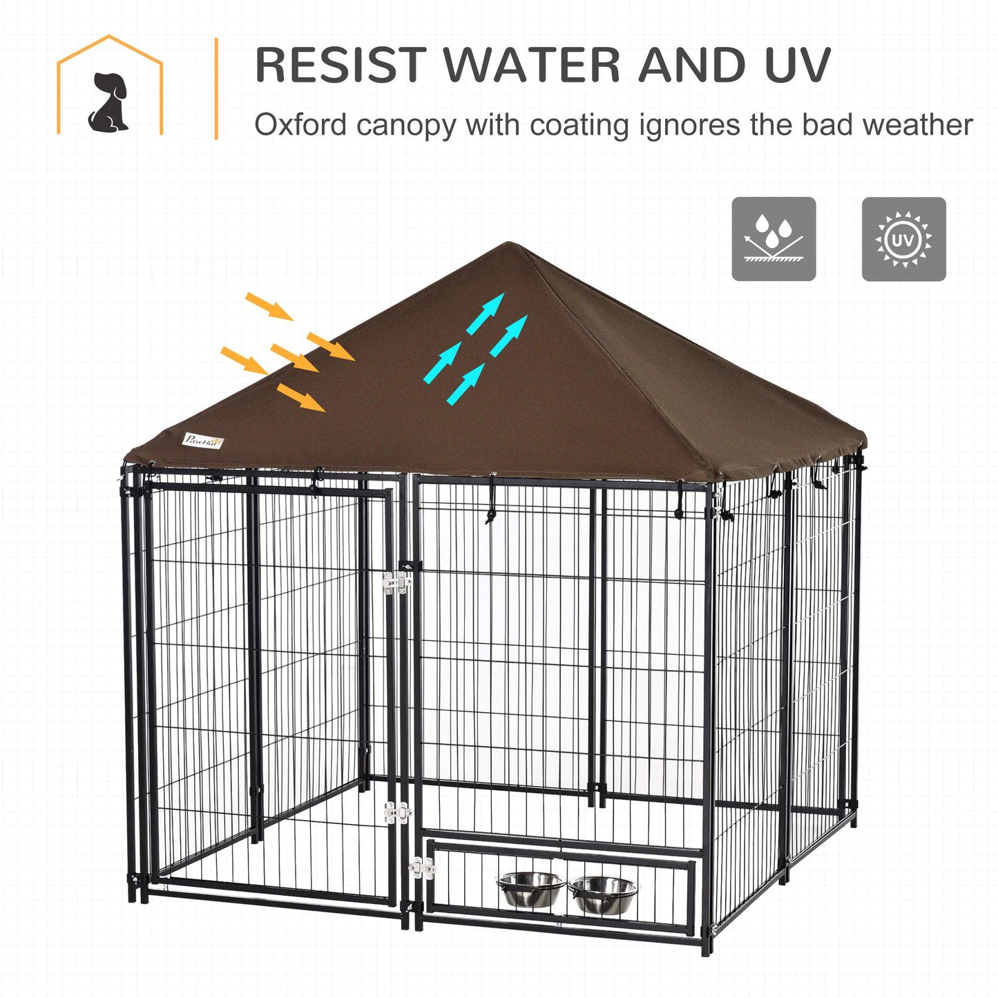 PawHut Outdoor Dog House Kennel with Water-resistant Roof Lockable Mesh Metal Cage Steel Fence, 141 x 141 x 121 cm Canopy Top & Secure Lock Rotating Bowl Holder