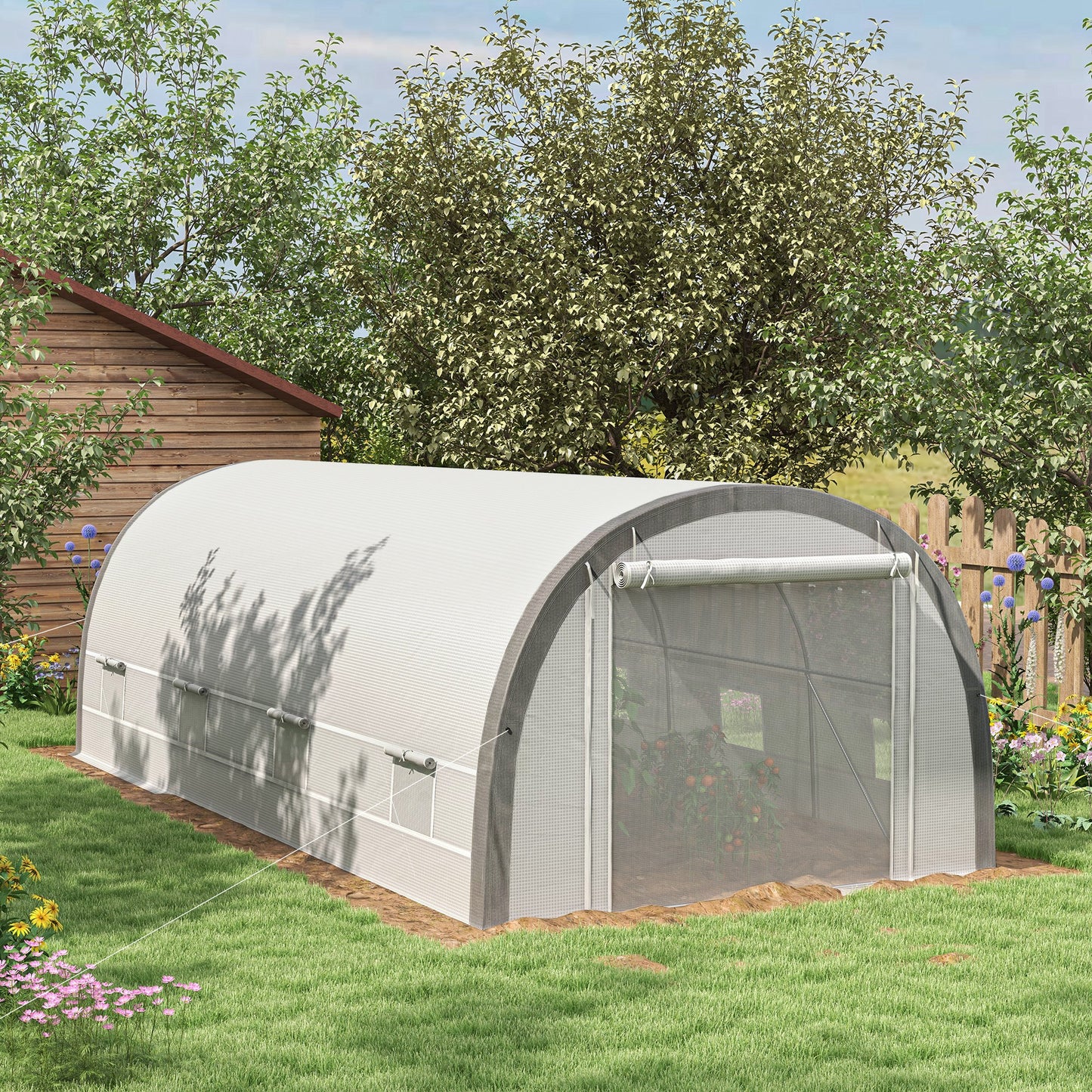 Outsunny 6 x 3(m) Polytunnel Greenhouse with Upgraded Structure Mesh Door and Windows 15 Plant Labels White