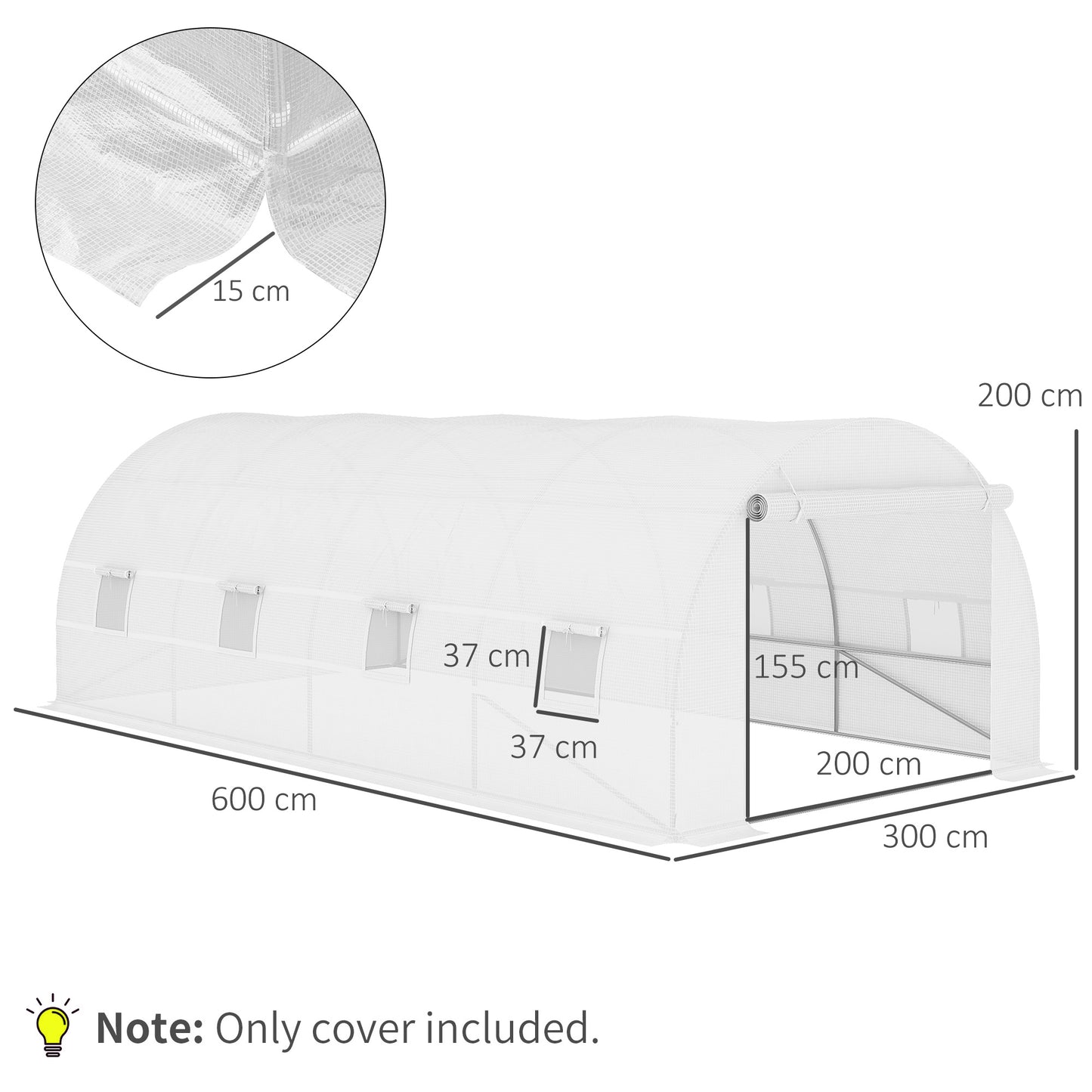 Outsunny Greenhouse Replacement Cover ONLY Winter Garden Plant PE Cover with Rollup Windows Door 6 x 3 x 2m White