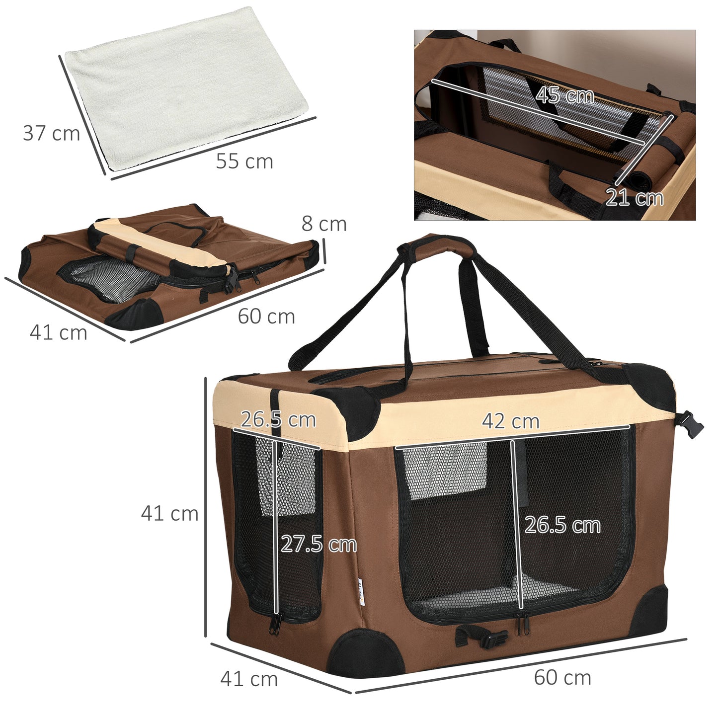 PawHut 60cm Foldable Pet Carrier, Dog Cage, Portable Cat Carrier, Cat Bag, Pet Travel Bag with Cushion, Brown