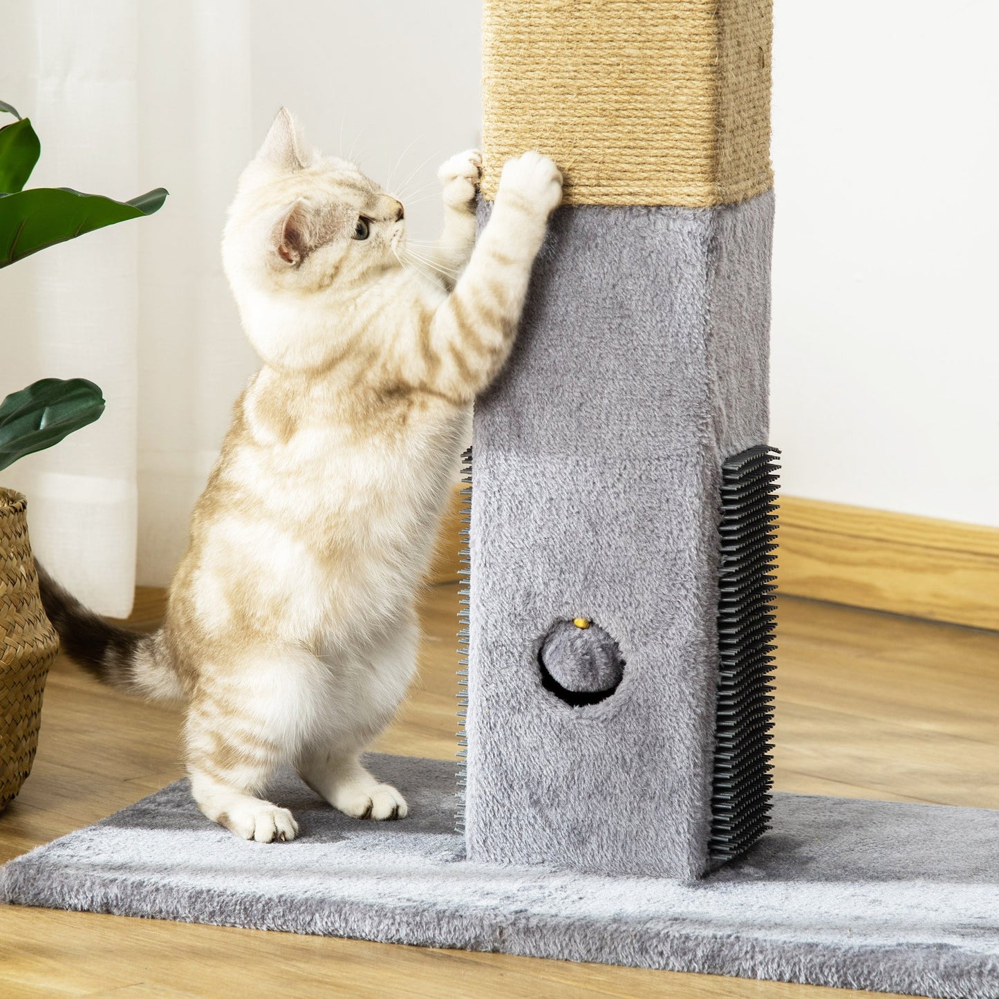 PawHut Cat Scratching Post, 79cm Tall Jute Scratcher Climber, Cat Tree Activity Center with Carpet Base, Dangling Ball, Grey w/ Ball Base