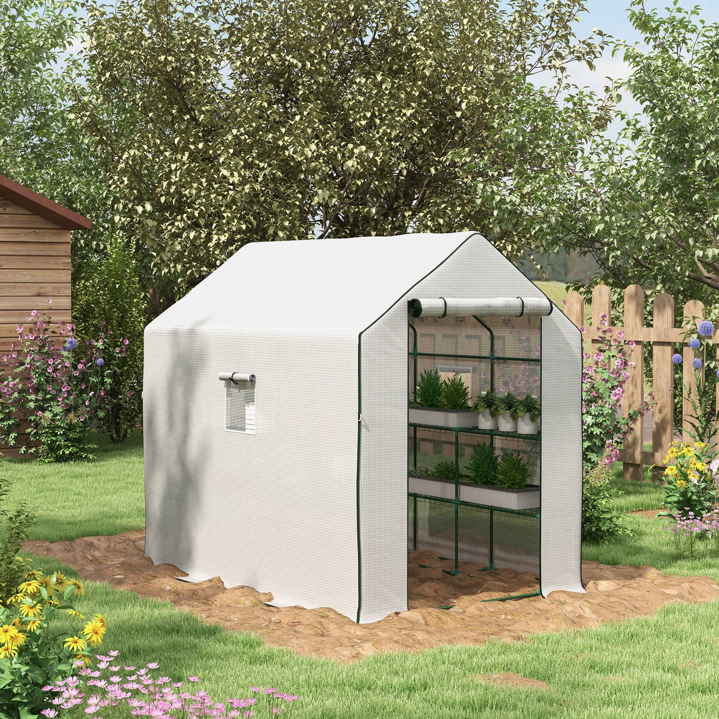 Outsunny Walkin Greenhouse with 3 Tier Shelves Outdoor Green House Garden Grow House with Reinforced PE Cover Rollup Door and Mesh Windows 140 x 213 x 190cm White