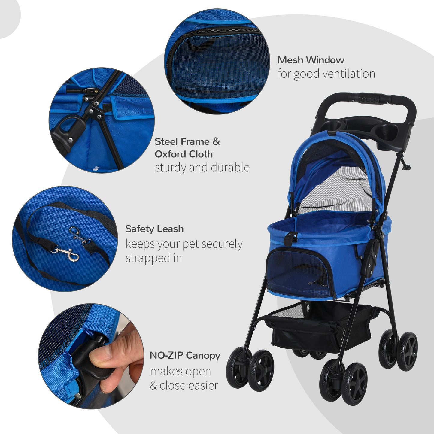 PawHut No-Zip Pet Stroller Dog Cat Travel Pushchair One-Click Fold Trolley Jogger with EVA Wheels Brake Basket Adjustable Canopy Safety Leash Blue Foldable Carriage