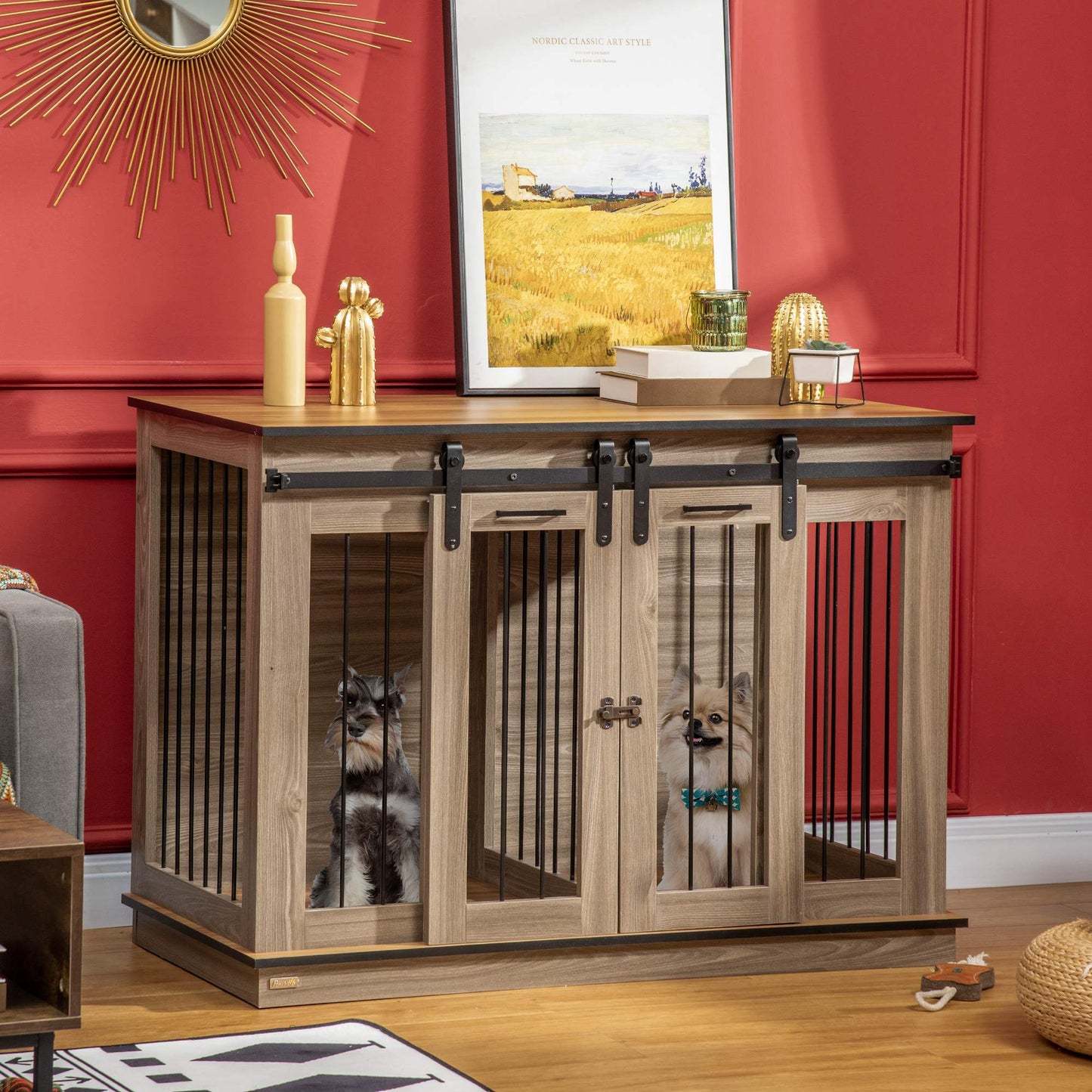 PawHut Dog Crate Furniture for Large Dogs Double Dog Cage for Small Dogs with Sliding Doors Oak Tone