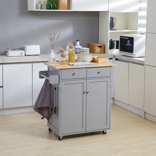 HOMCOM Rolling Kitchen Island on Wheels, Utility Serving Cart with Rubber Wood Top, Grey