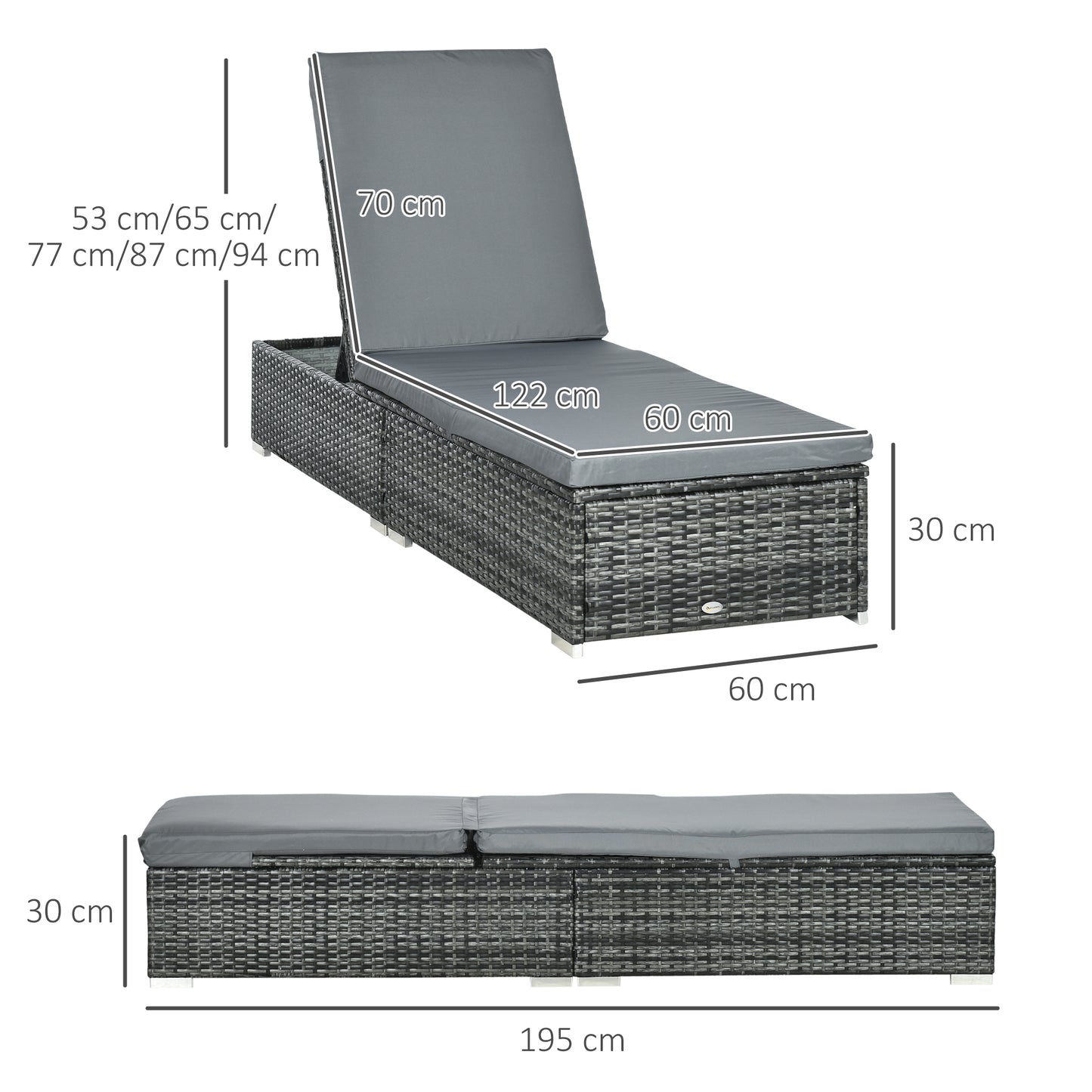 Outsunny Rattan Sun Lounger Adjustable Garden Furniture Recliner Bed Chair Reclining Patio Wicker, Grey