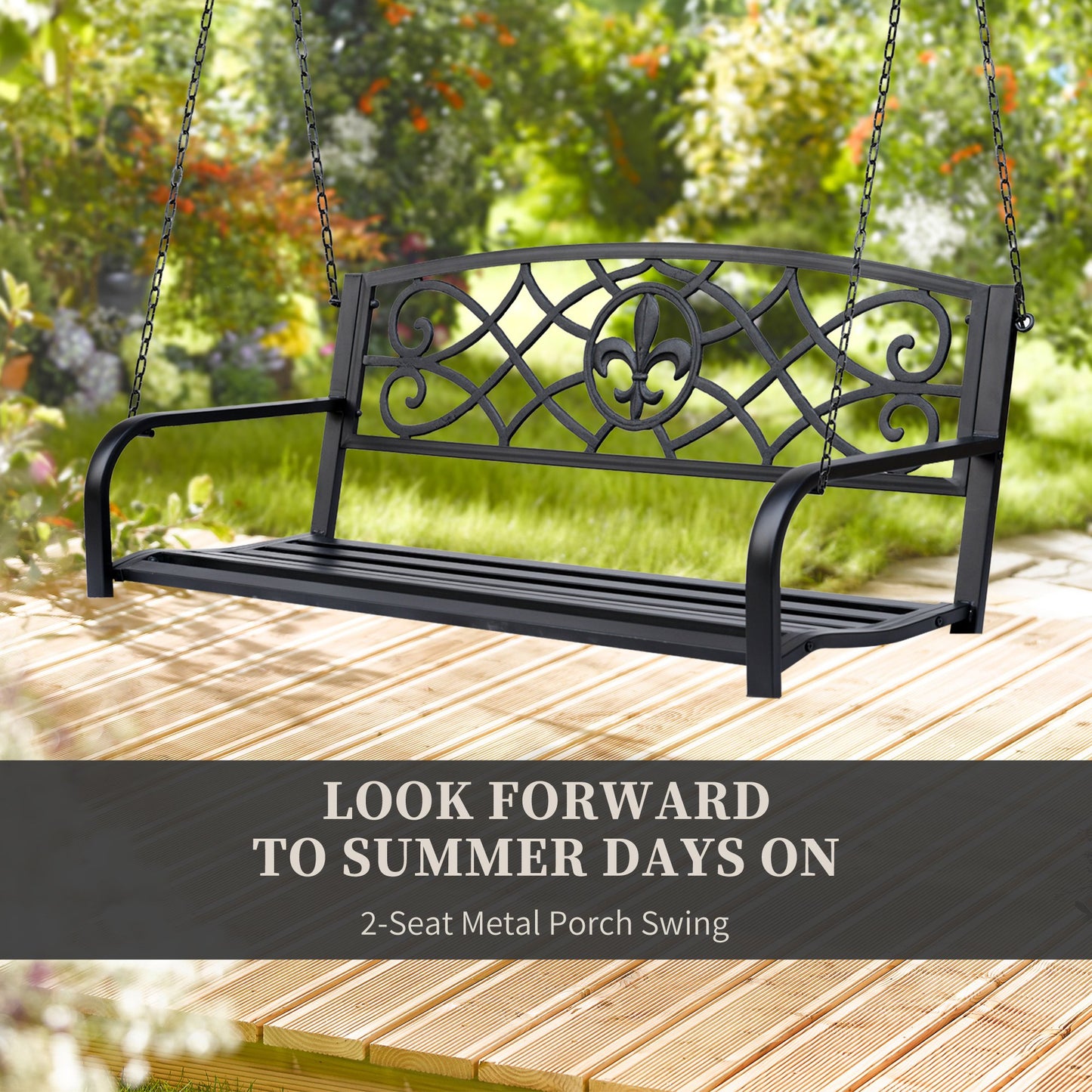 Outsunny Steel Fleur-de-Lis Design Outdoor Porch Swing Seat Bench with Chains for the Yard, Deck, & Backyard, Black Metal Chair Chair Yard Deck