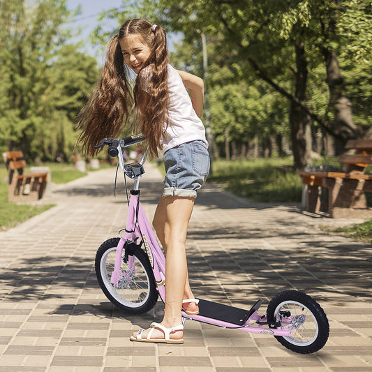 HOMCOM Teen Scooter Push Kick Scooters for Kids with Rubber Wheels Adjustable Handlebar Front Rear Dual Brakes Kickstand, for 5+ Years, Pink