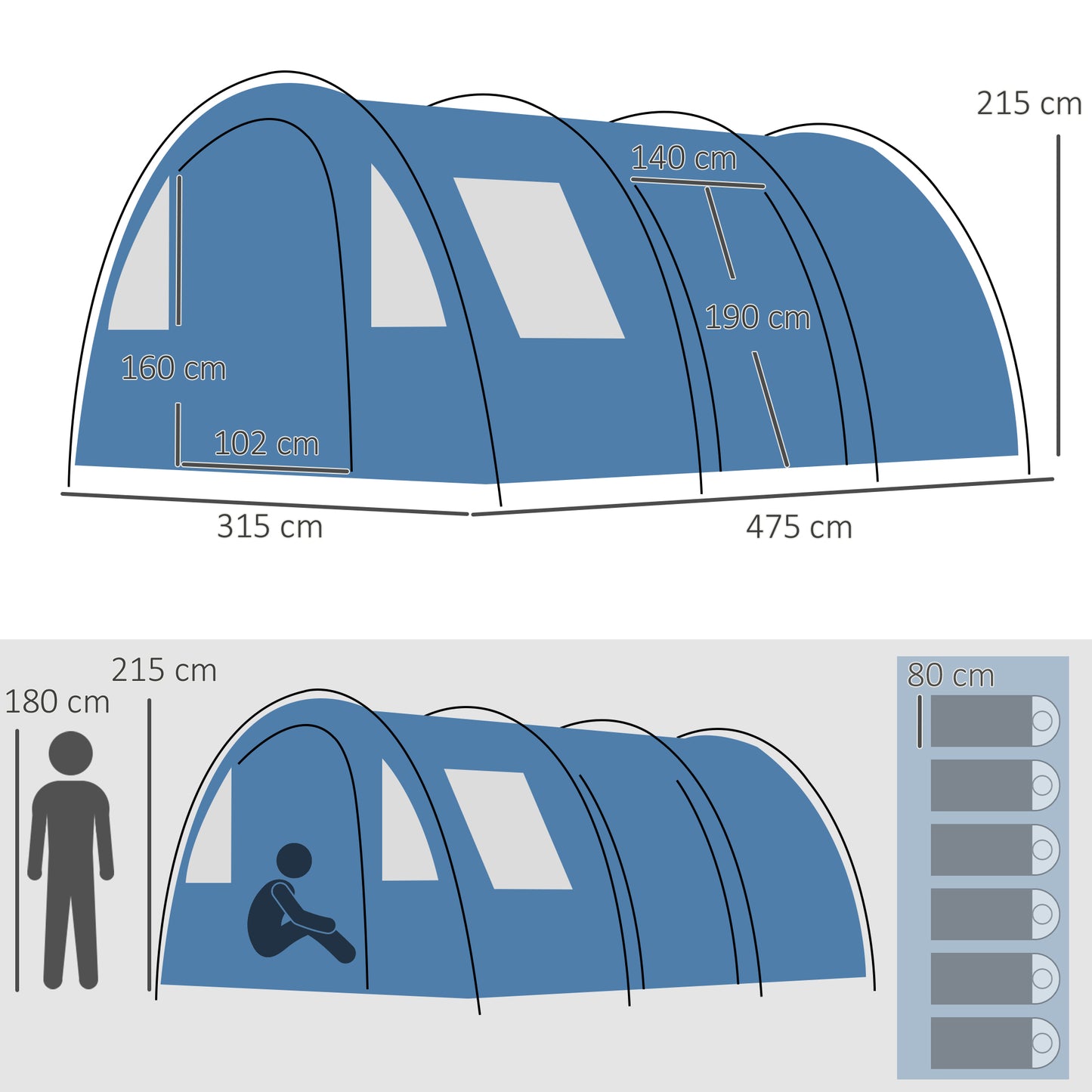 Outsunny 5-6 Man Tunnel Tent, Two Room Camping Tent with Sewn-In Floor, 2 Doors and Carry Bag, 2000mm Water Column for Fishing, Hiking, Sports, Festival