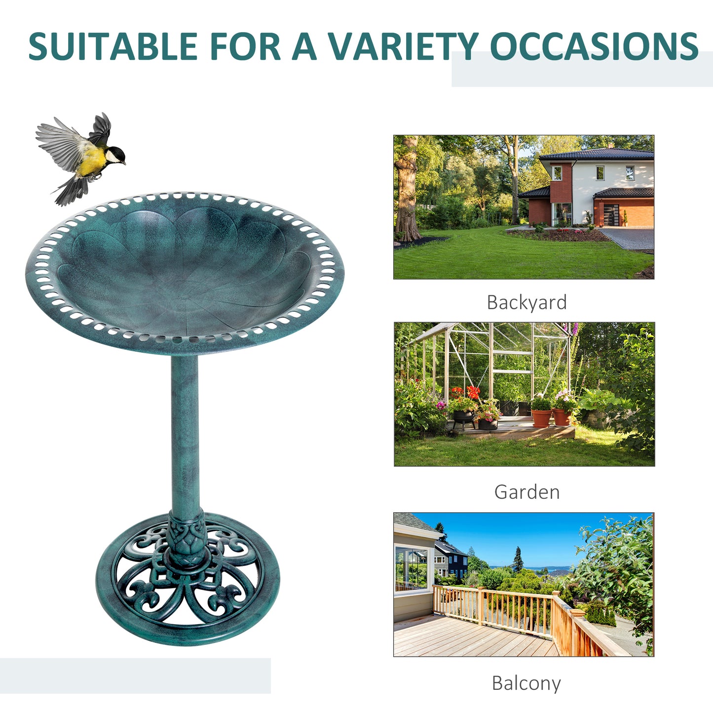Outsunny Garden Bird Bath Outdoor Decrative Garden Feeder Stand with Scalloplike Pattern TimeWorn Finish 50cm Green