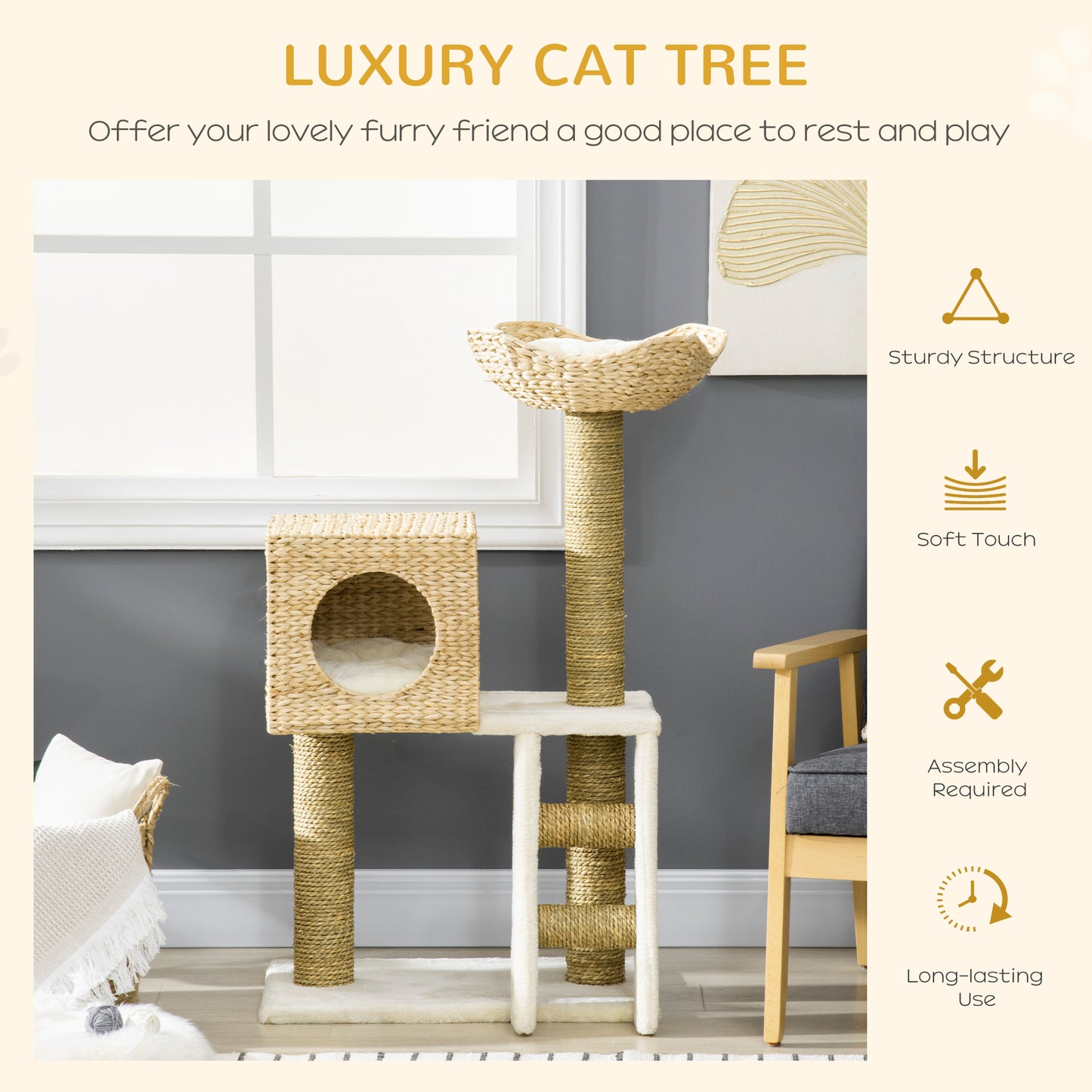 PawHut Cat Tree for Indoor Cats Kitten Tower Cattail Weave with Scratching Posts, Natural, 57 x 37 x 100.5 cm