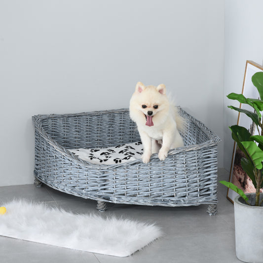 PawHut Wicker Dog Corner Basket Pet Bed Sofa Couch w/ Soft Plush Cushion Elevated Base