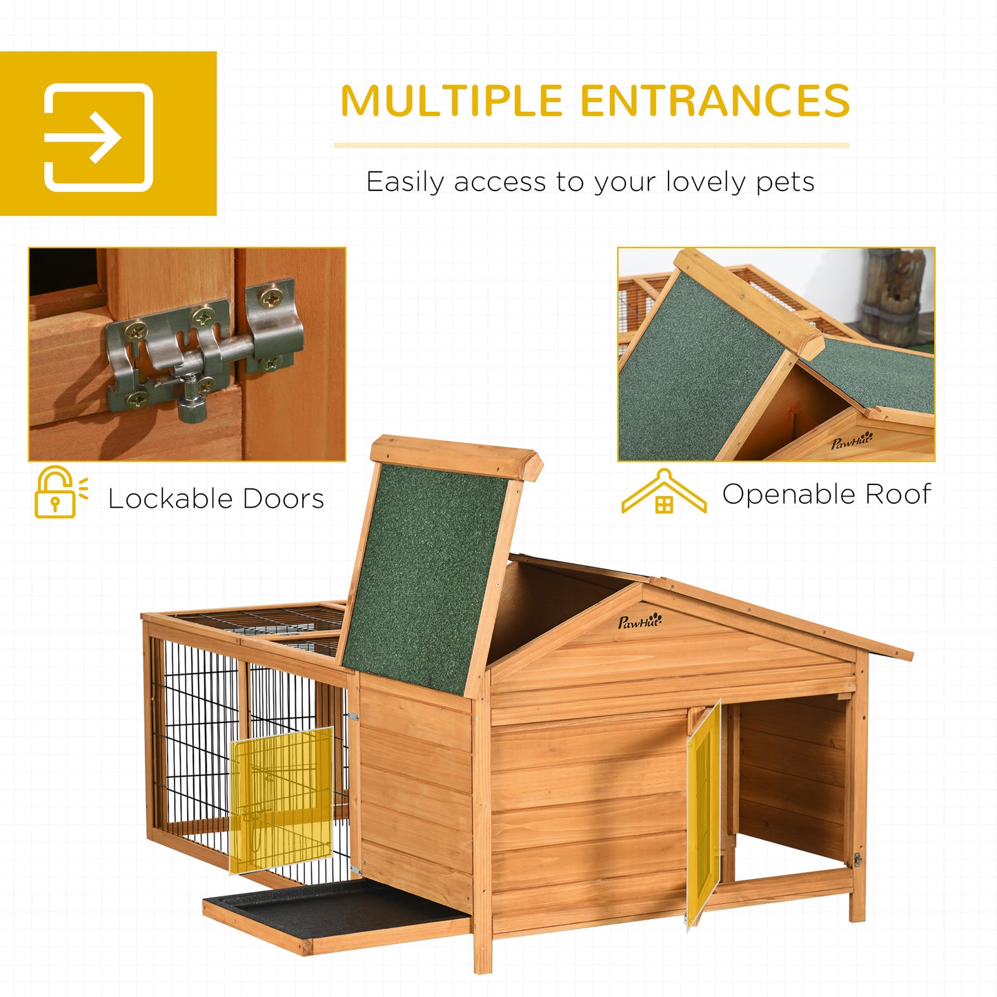 PawHut Wooden Rabbit Hutch Outdoor, Guinea Pig Hutch, Detachable Rabbit Cage with Openable Run & Roof Lockable Door Slide-out Tray Golden Red 146.7 x 95.5 x 69 cm