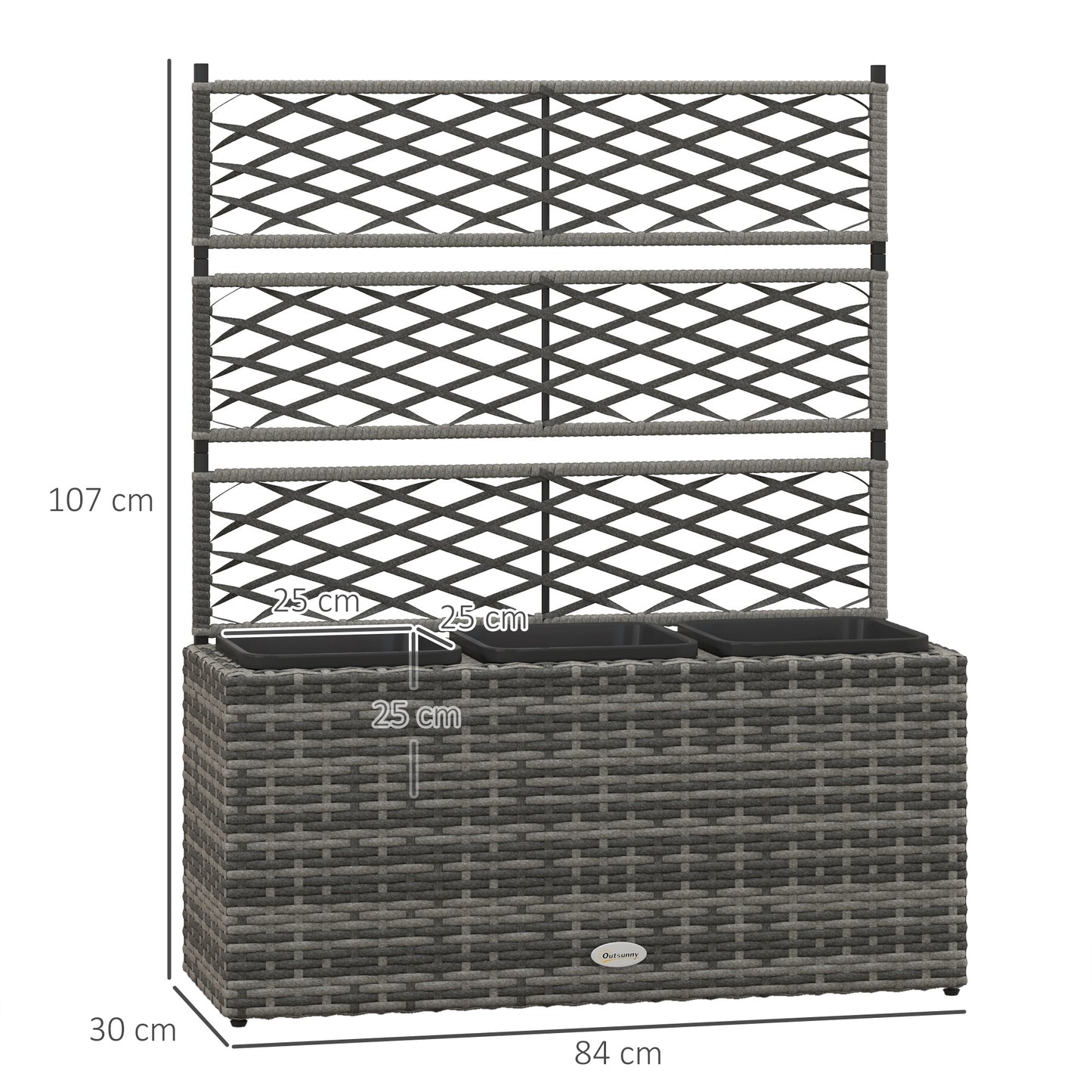 Outsunny 33L Garden PE Rattan Planter w/ Trellis, Free Standing Flower Raised Bed, Garden Planter for Climbing Plants, 84 x 30 x 107cm, Light Grey