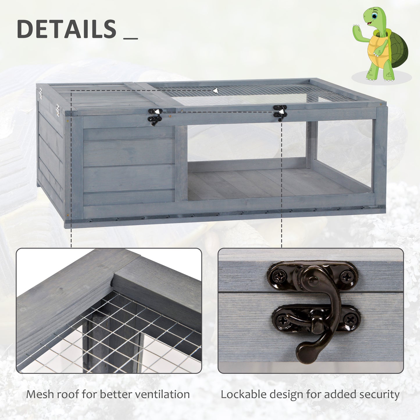 PawHut Tortoise House with Mesh Roof, Small Pet Reptile Wooden House, Tortoise Enclosure with Pulled-out Side Panel for Indoor, Outdoor, Grey