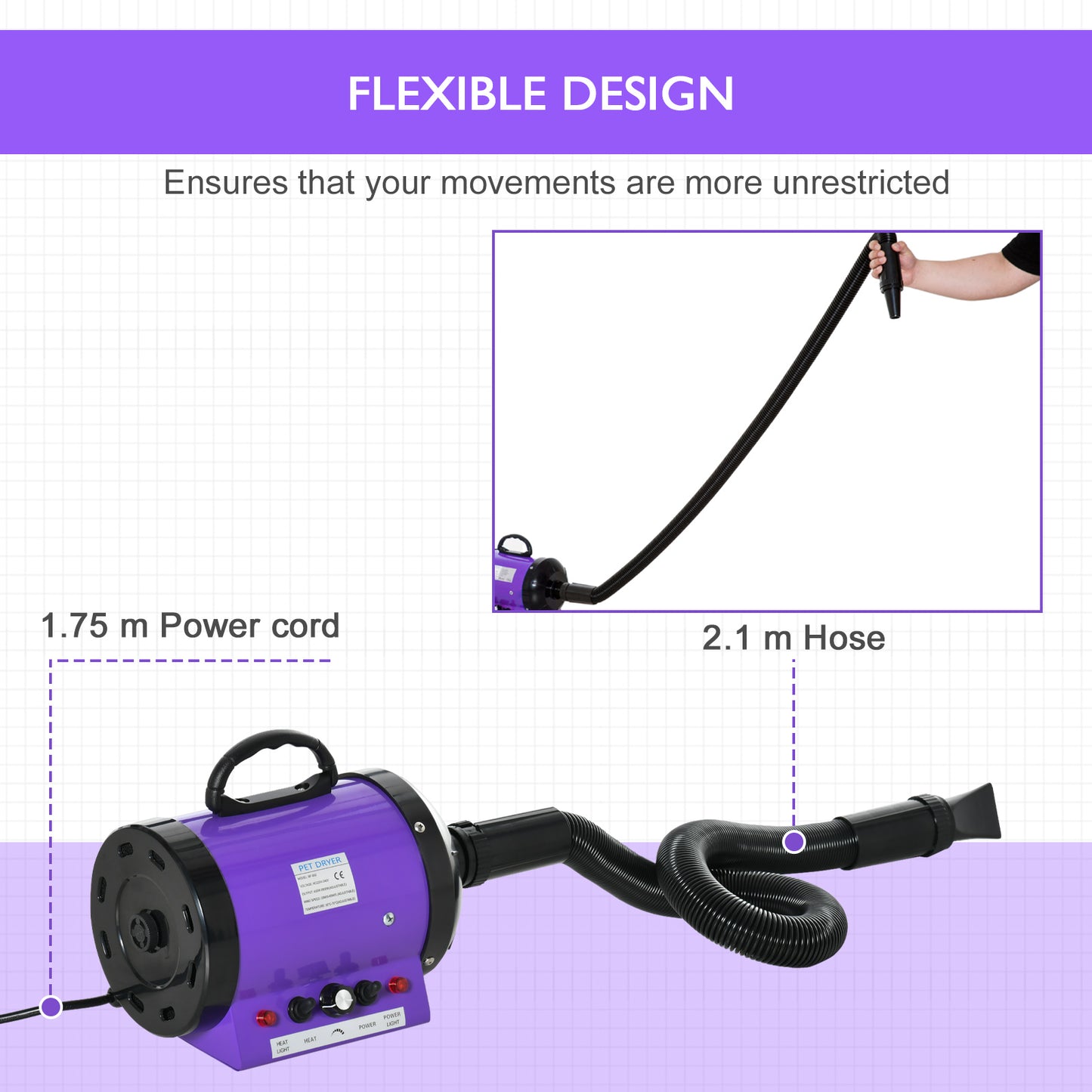 PawHut Dog Pet Grooming Hairdryer Heater w/ Three Nozzles 2800W - Purple