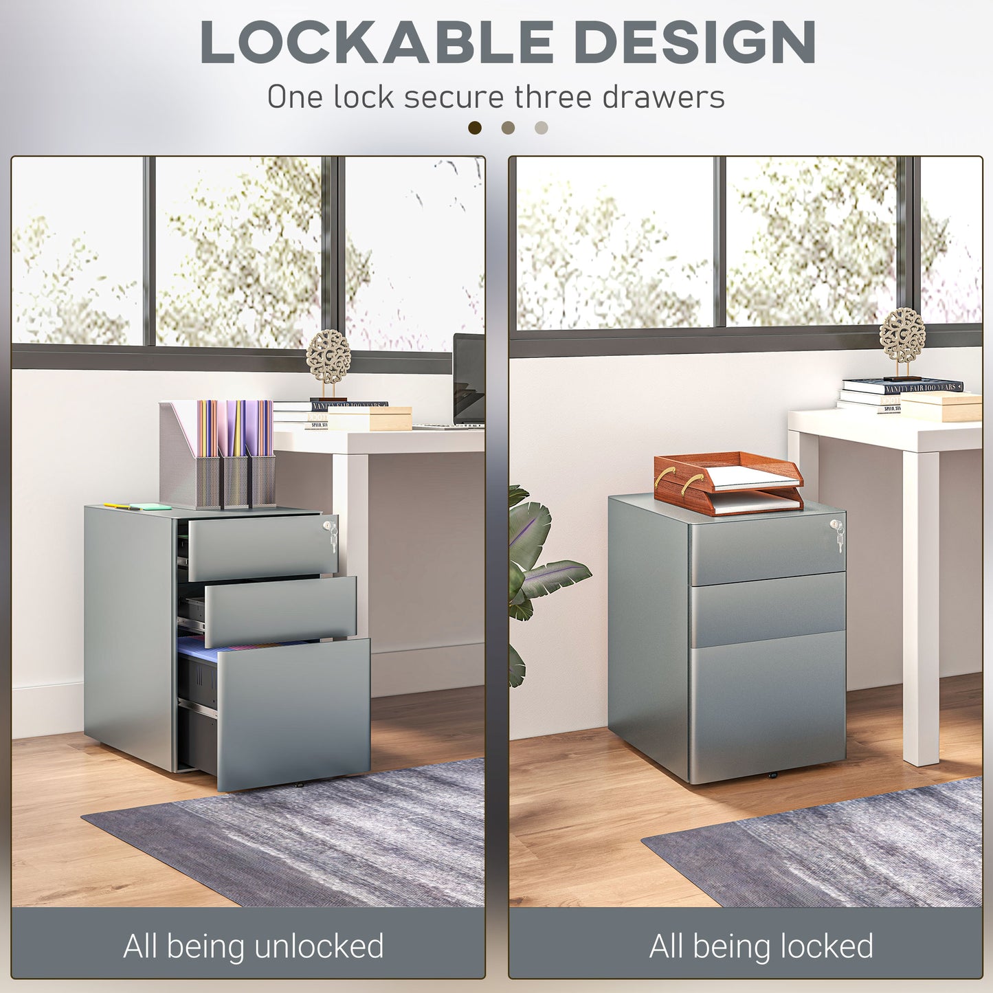 Vinsetto Lockable Cabinet Rolling Filing Cabinet with 3 Drawers Steel Office Drawer Unit for A4 Letter Legal Sized Files
