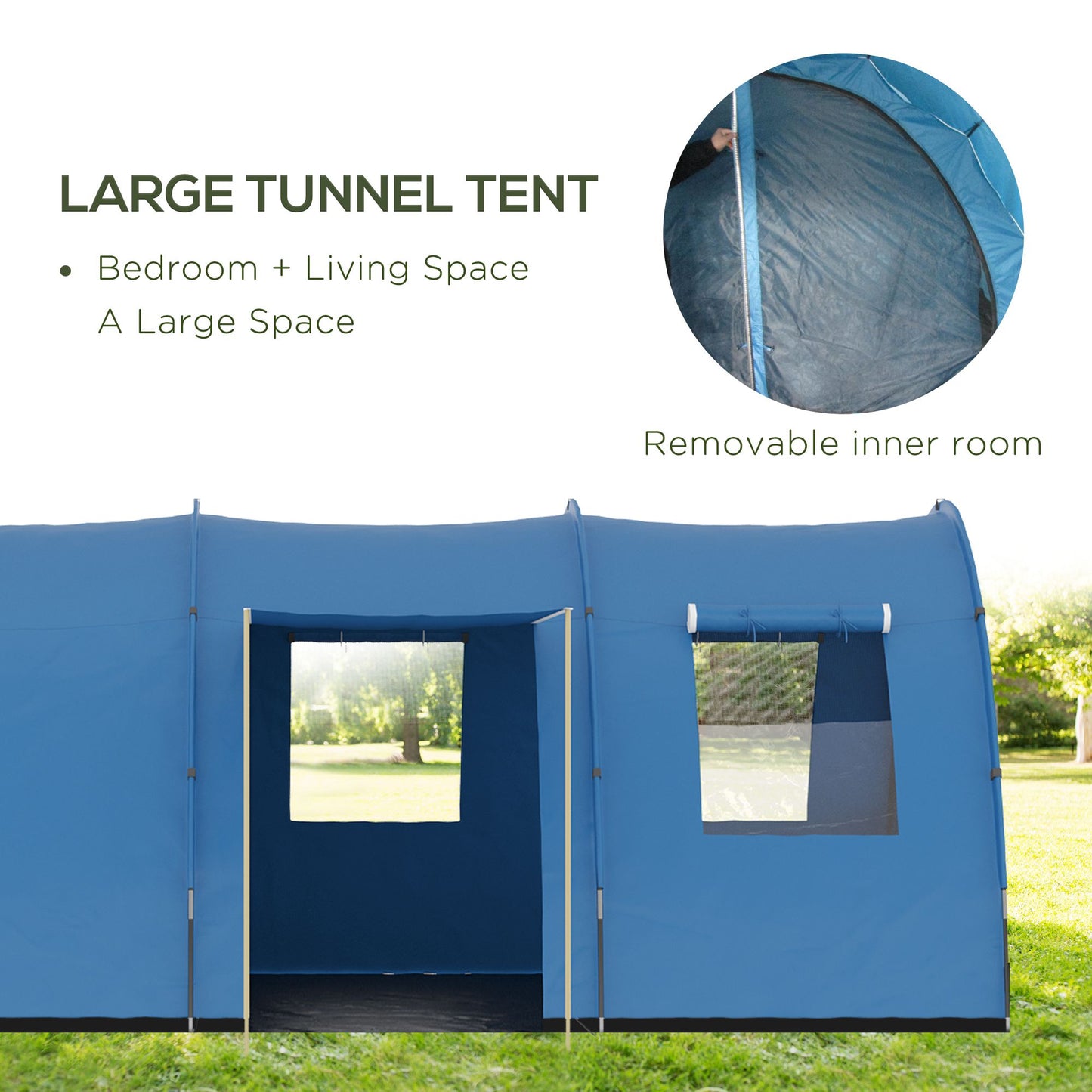 Outsunny 5-6 Man Tunnel Tent, Two Room Camping Tent with Sewn-In Floor, 2 Doors and Carry Bag, 2000mm Water Column for Fishing, Hiking, Sports, Festival