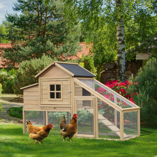 PawHut Chicken Coop, Hen House, Wooden Poultry Habitat with Outdoor Run, Nesting Box, Slide Out Tray, Lockable Doors, 176 x 66 x 110cm, Natural