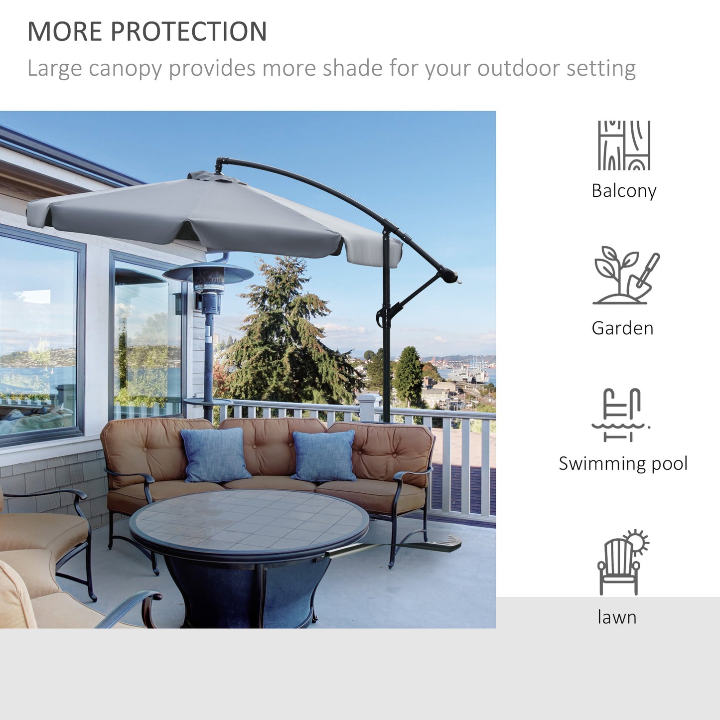 Outsunny 2.7m Garden Banana Parasol Cantilever Umbrella with Crank Handle and Cross Base for Outdoor, Hanging Sun Shade, Dark Grey