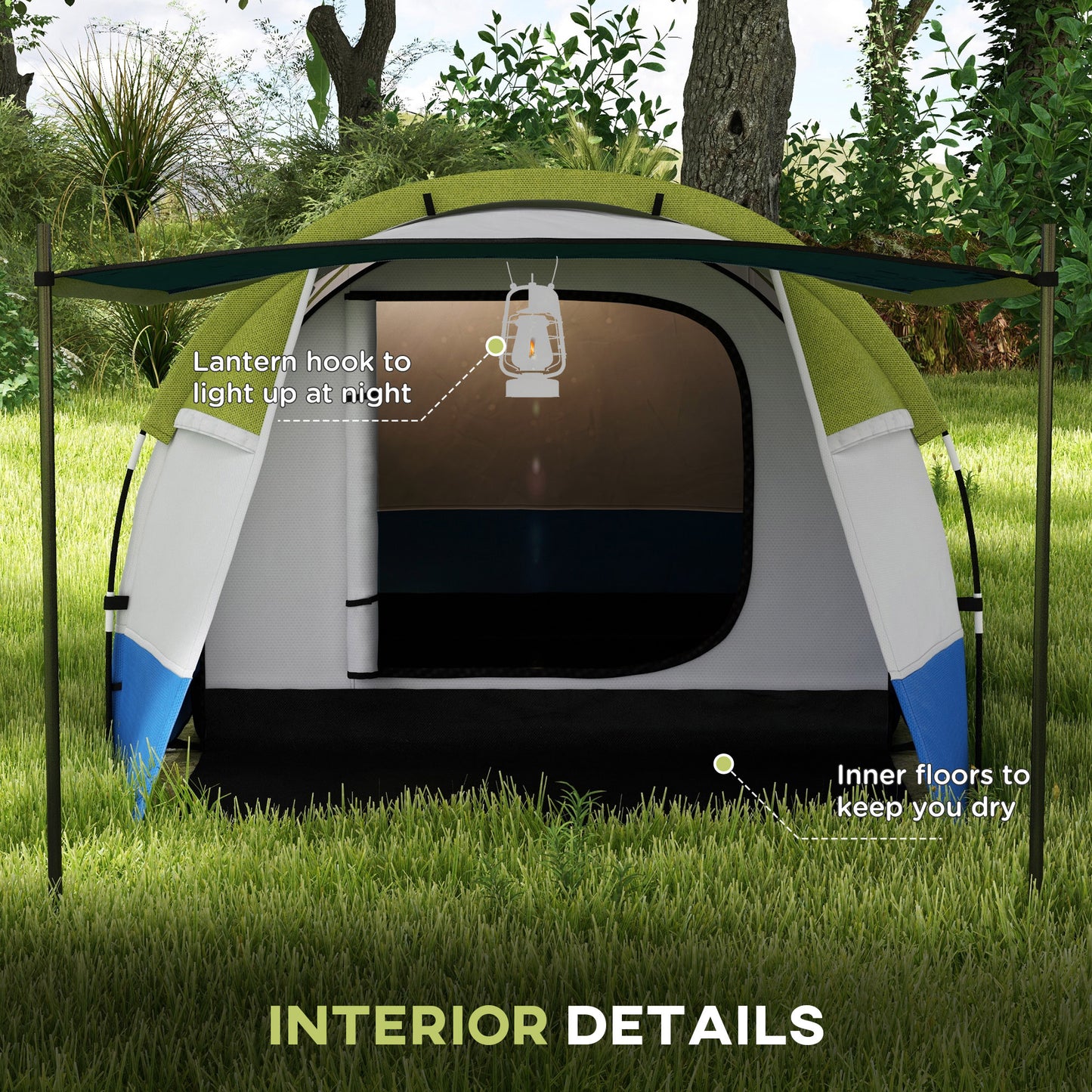 Outsunny Camping Tent, Large Tunnel Tent with Bedroom and Living Area, 2000mm Waterproof, Portable with Bag for 2-3 Man, Green