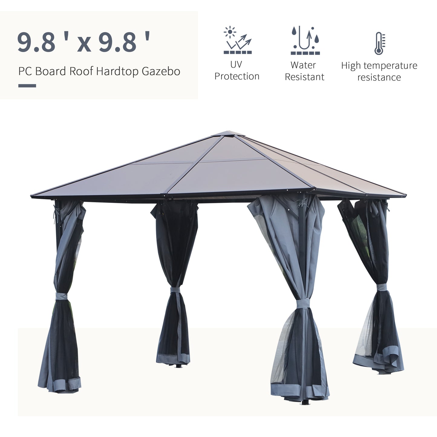 Outsunny 3m x 3m Hardtop Metal Frame Mesh Draped Gazebo Grey
