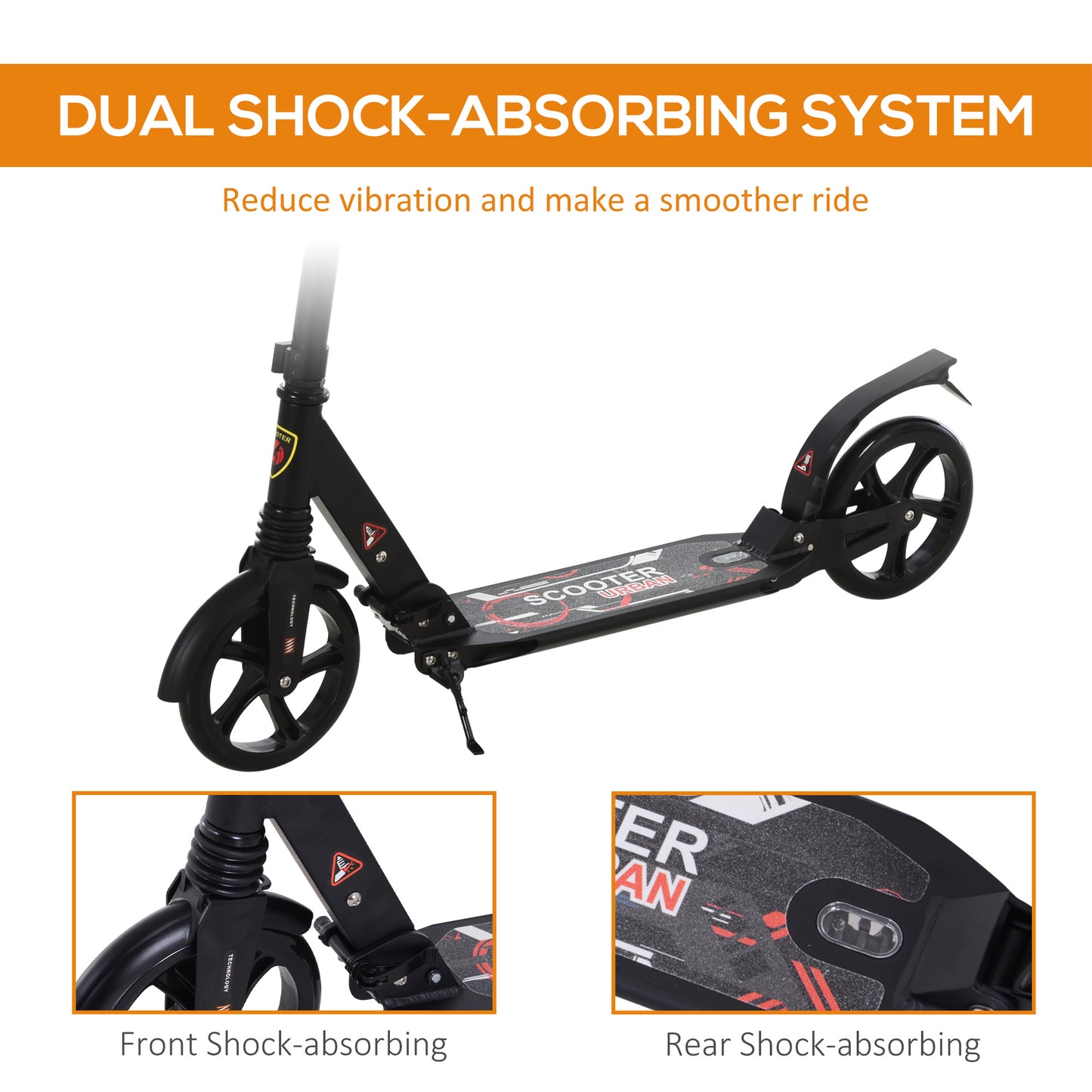 HOMCOM Foldable Kick Scooter, Adjustable Height, 94L x 38W x 90-105Hcm-Black