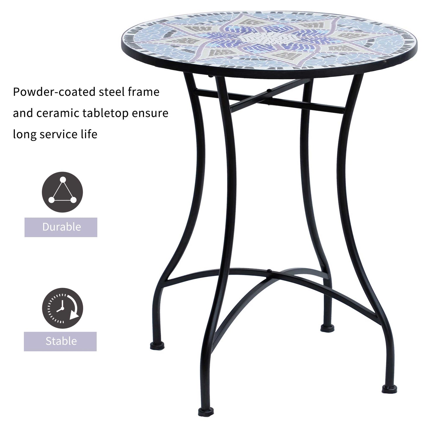 Outsunny Outdoor Mosaic Round Garden Table, Patio Bistro Coffee Side Table with 60cm Ceramic Top for Garden, Blue and White