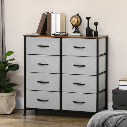 HOMCOM Chest of Drawers, Fabric Storage Drawers, Industrial Bedroom Dresser with 8 Fabric Drawers, Steel Frame and Wooden Top for Nursery, Living Room, Closet, Hallway, Grey