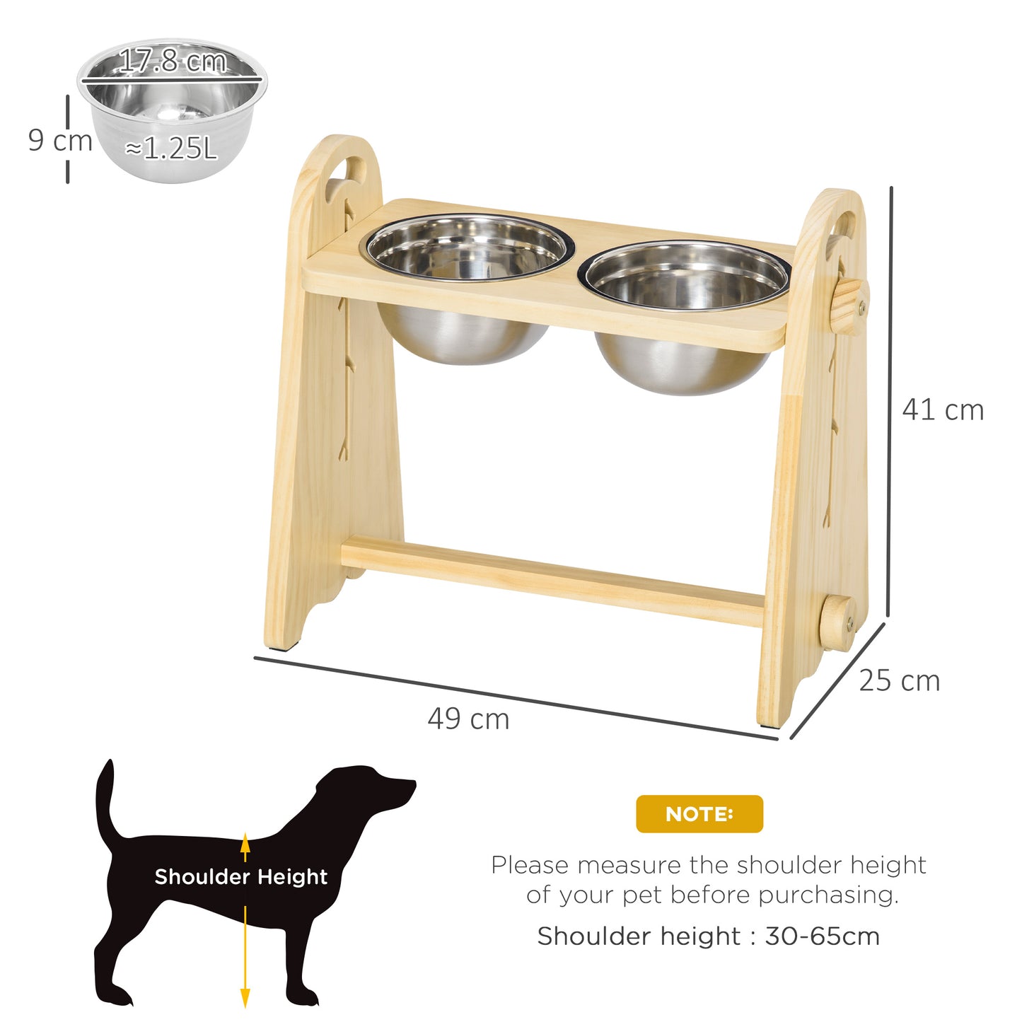 PawHut Raised Dog Bowls with Stand Adjustable Raised Pet Feeder with 2 Removable Stainless Steel Bowls for S, M, L, XL  Dogs, Natural