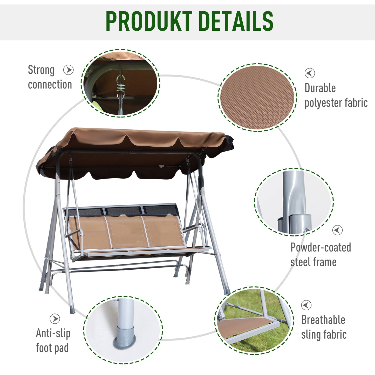 Outsunny Outdoor 3-Seater Swing Chair Garden Hammock Bench Rock Shelter-Brown