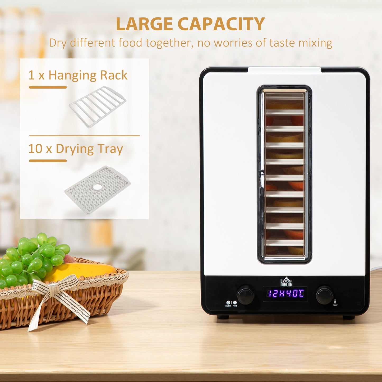 HOMCOM 11 Tier Food Dehydrator, 550W Food Dryer Machine with Adjustable Temperature, Timer and LCD Display for Drying Fruit, Meat, Vegetable, Jerky and Pet Treat, White