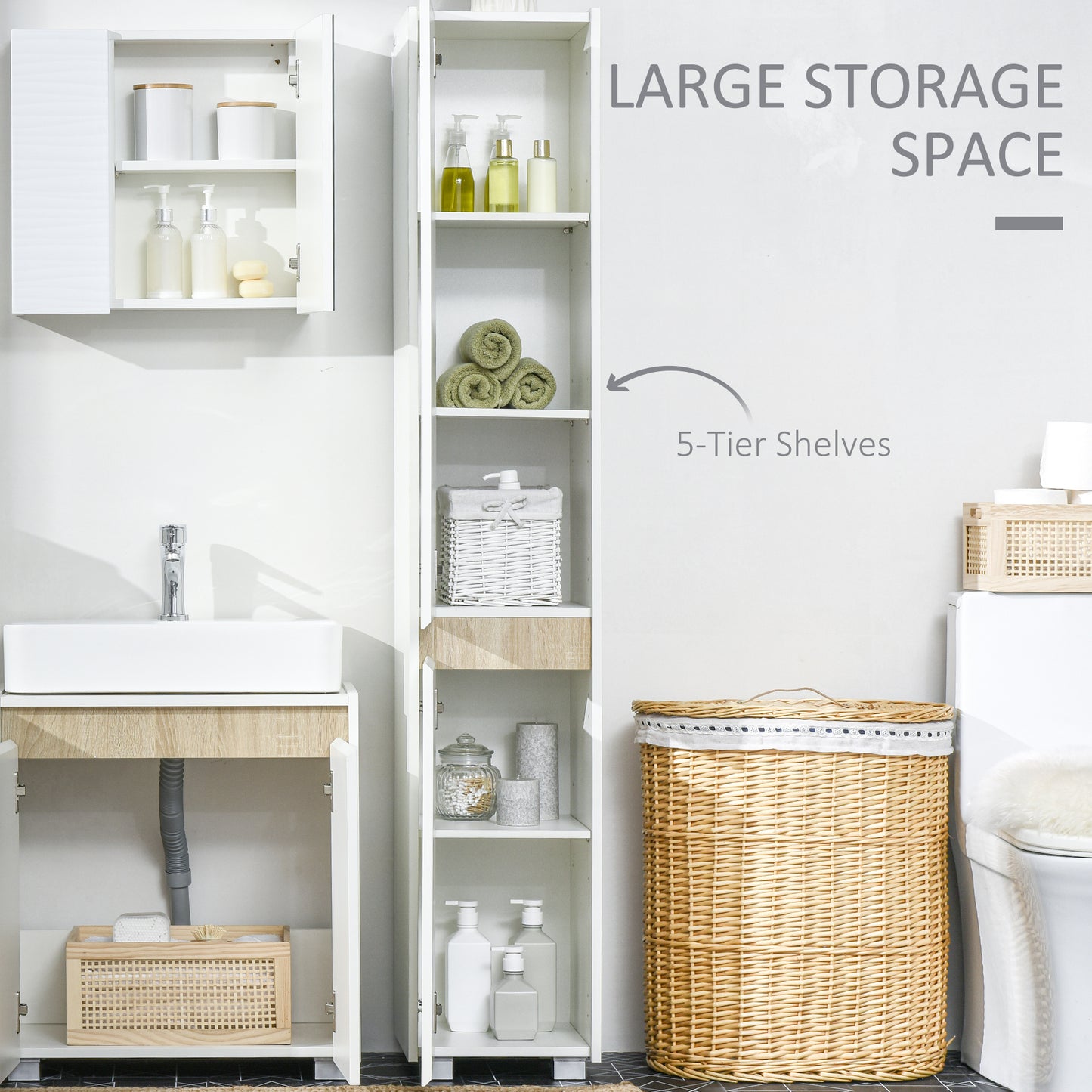 kleankin Tall Bathroom Cabinet with Adjustable Shelves, 5-Tier Modern Freestanding Tallboy with Storage Cabinets, White