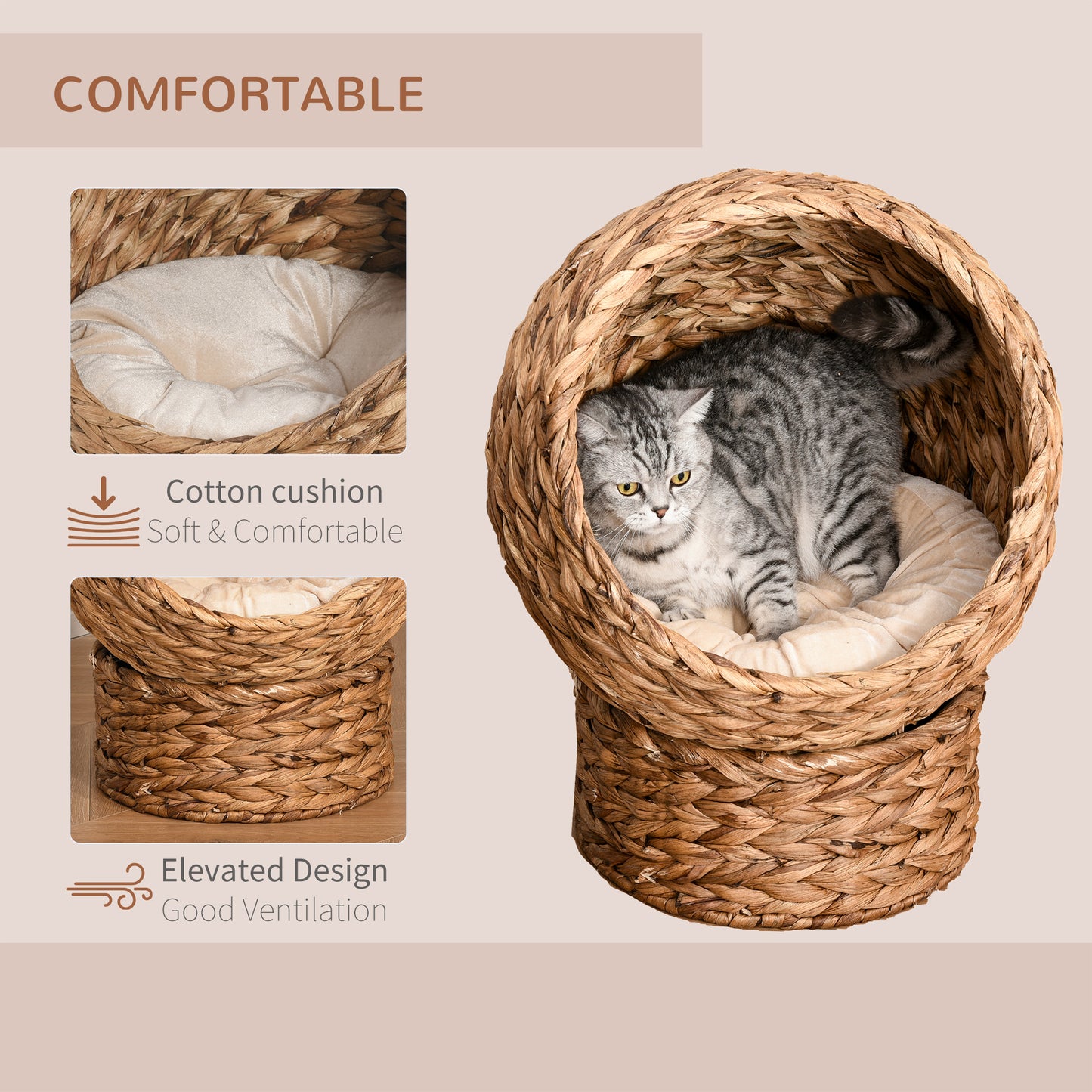 PawHut Wicker Cat Bed, Raised Rattan Cat Basket with Cylindrical Base, Soft Washable Cushion, Brown, 42 x 33 x 52 cm