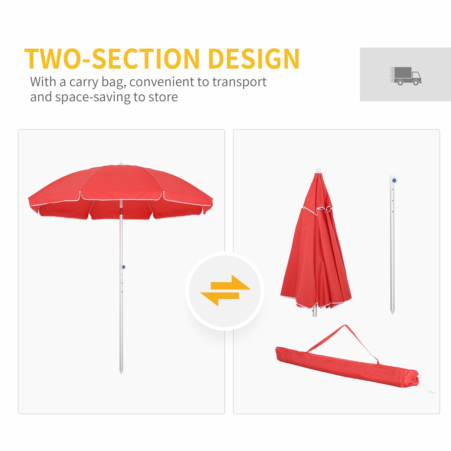 Outsunny Arc. 1.9m Beach Umbrella w/ Adjustable Angle Pointed Design Carry Bag Red