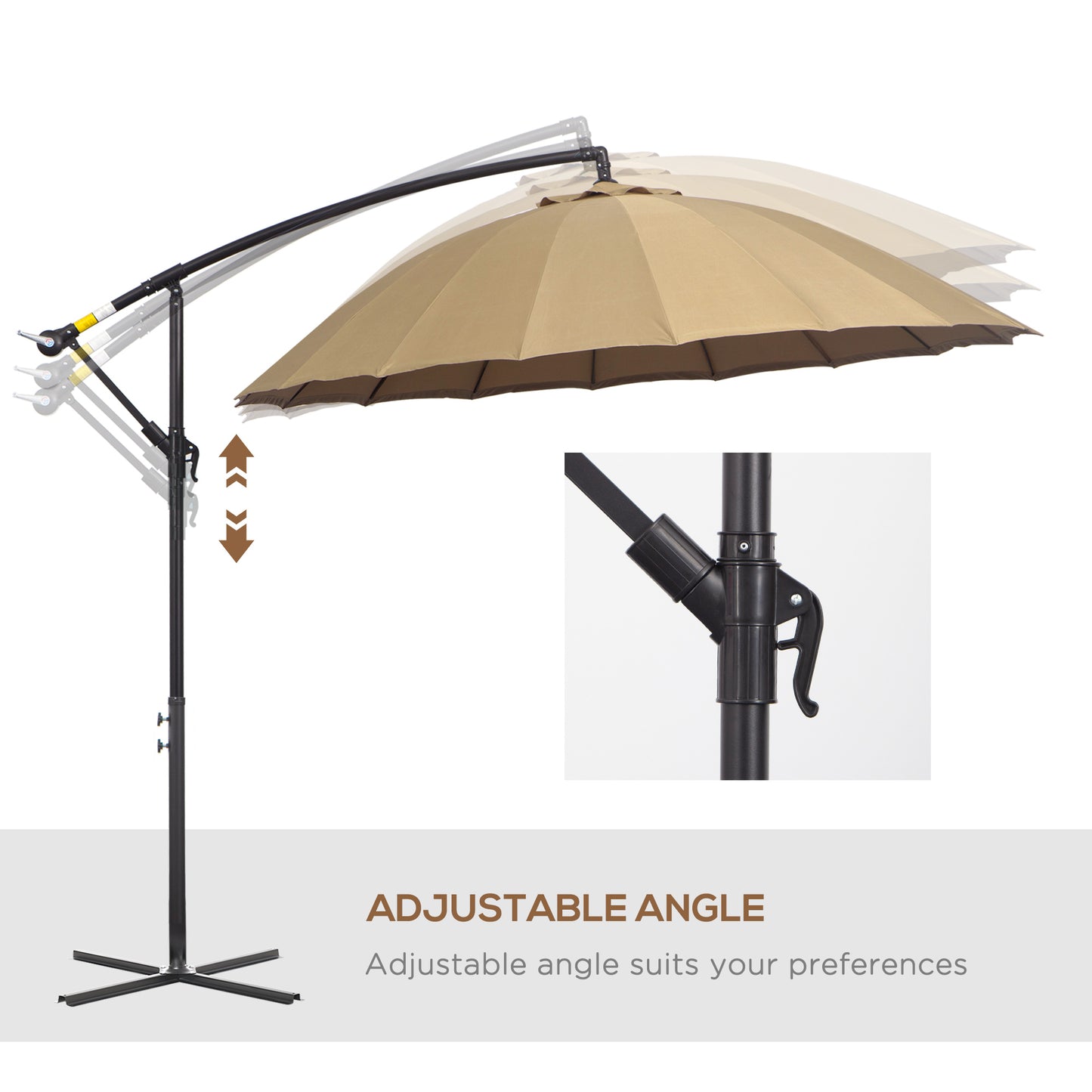 Outsunny 3(m) Cantilever Sun Umbrella Outdoor Market Table Parasol w/ 18 Sturdy Ribs Cross Base for Garden Lawn Pool Khaki & Vents Adjustable Angle Patio