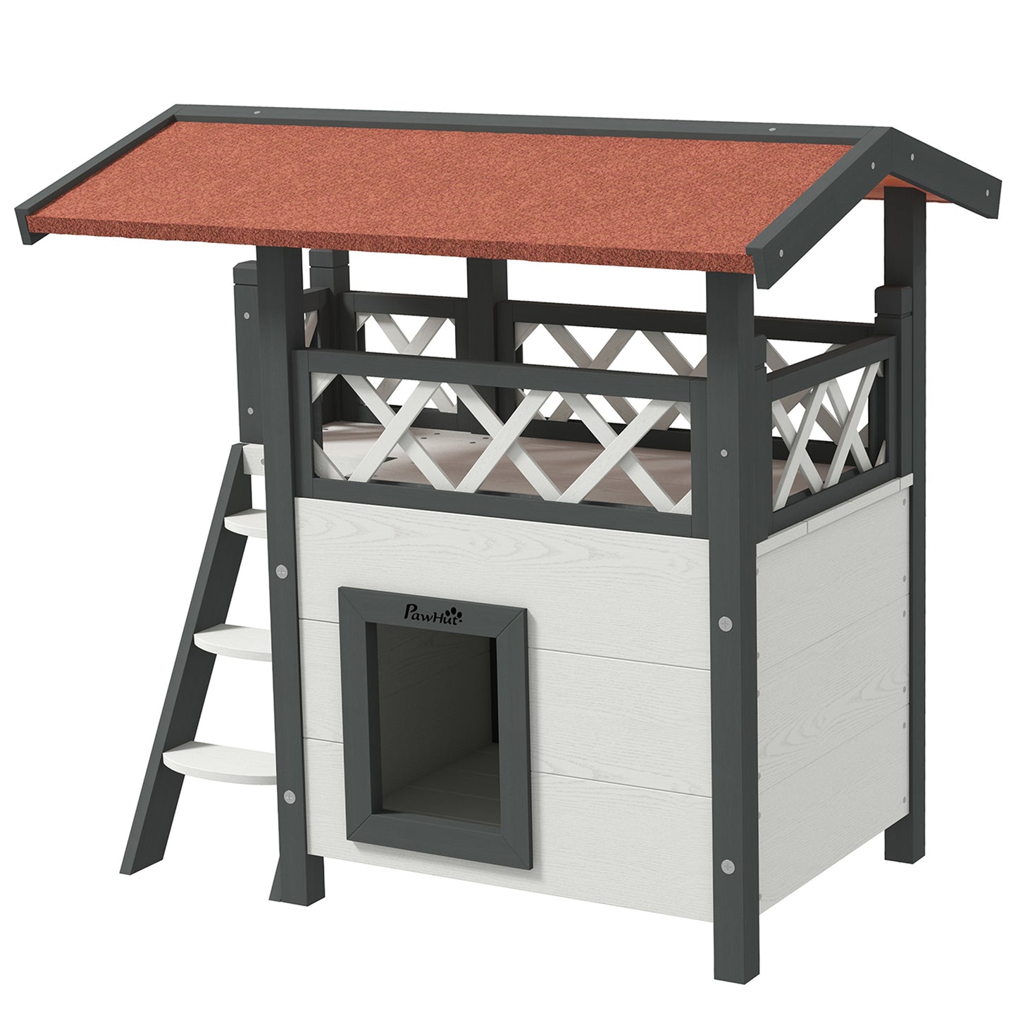 PawHut Cat House Outdoor w/ Balcony Stairs Roof 77 x 50 x 73 cm White