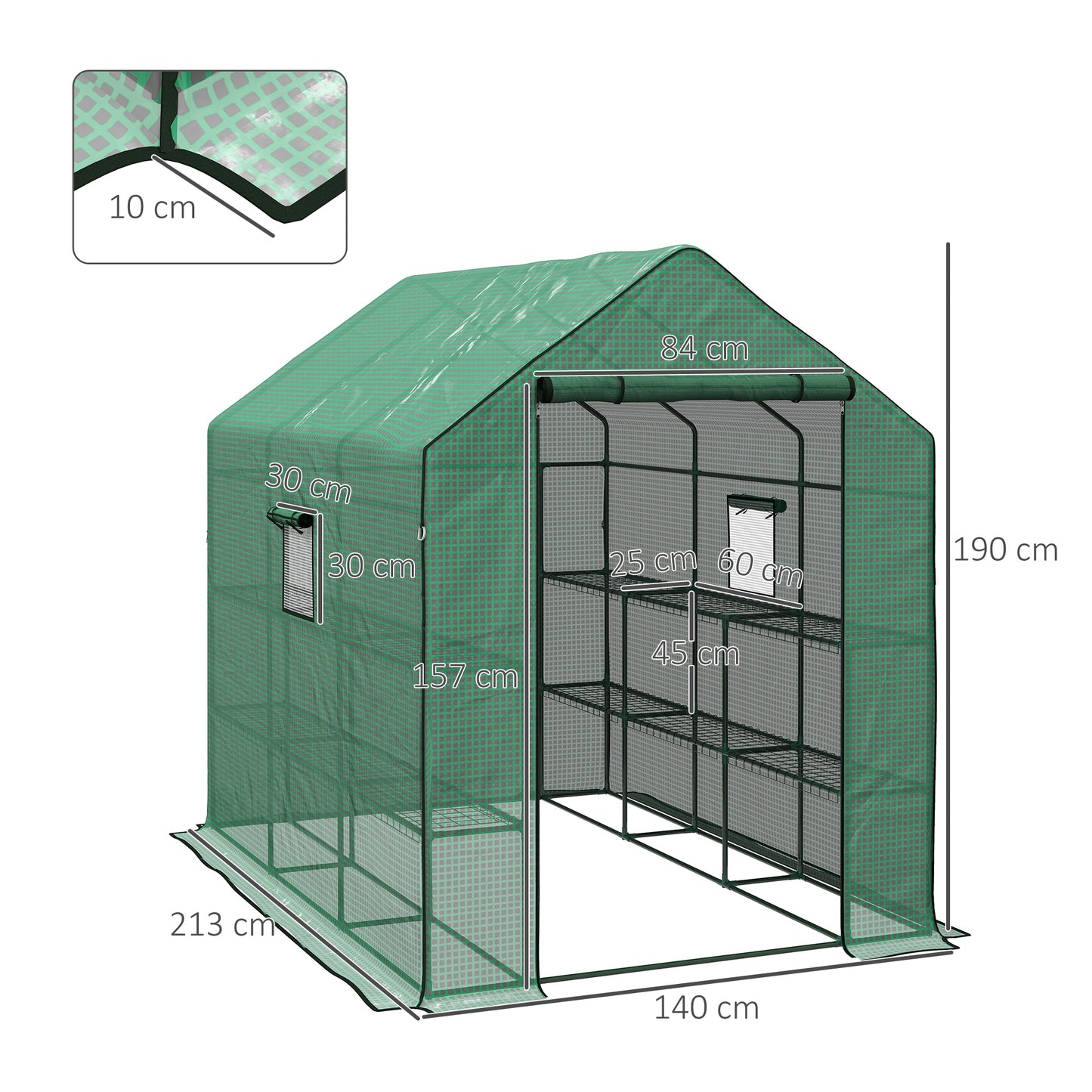 Outsunny Walkin Greenhouse with 3 Tier Shelves Outdoor Green House Garden Grow House with Reinforced PE Cover Rollup Door and Mesh Windows 140 x 213 x 190cm Green