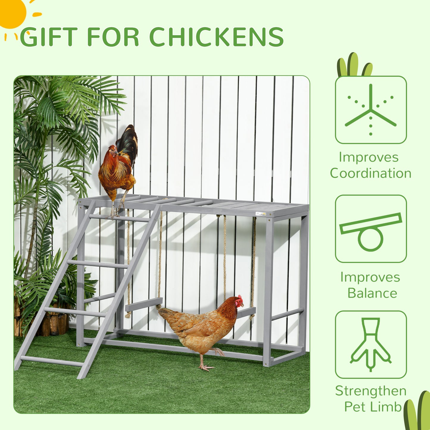 PawHut Chicken Activity Play with Swing Set for 34 Birds Wooden Chicken Coop Grey