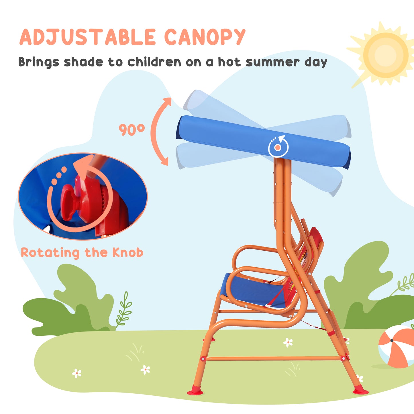 Outsunny Two Seater Kids Garden Swing, Cowboy Themed kids Swing Chair with Adjustable Canopy, Safety Belts for Outdoor Use
