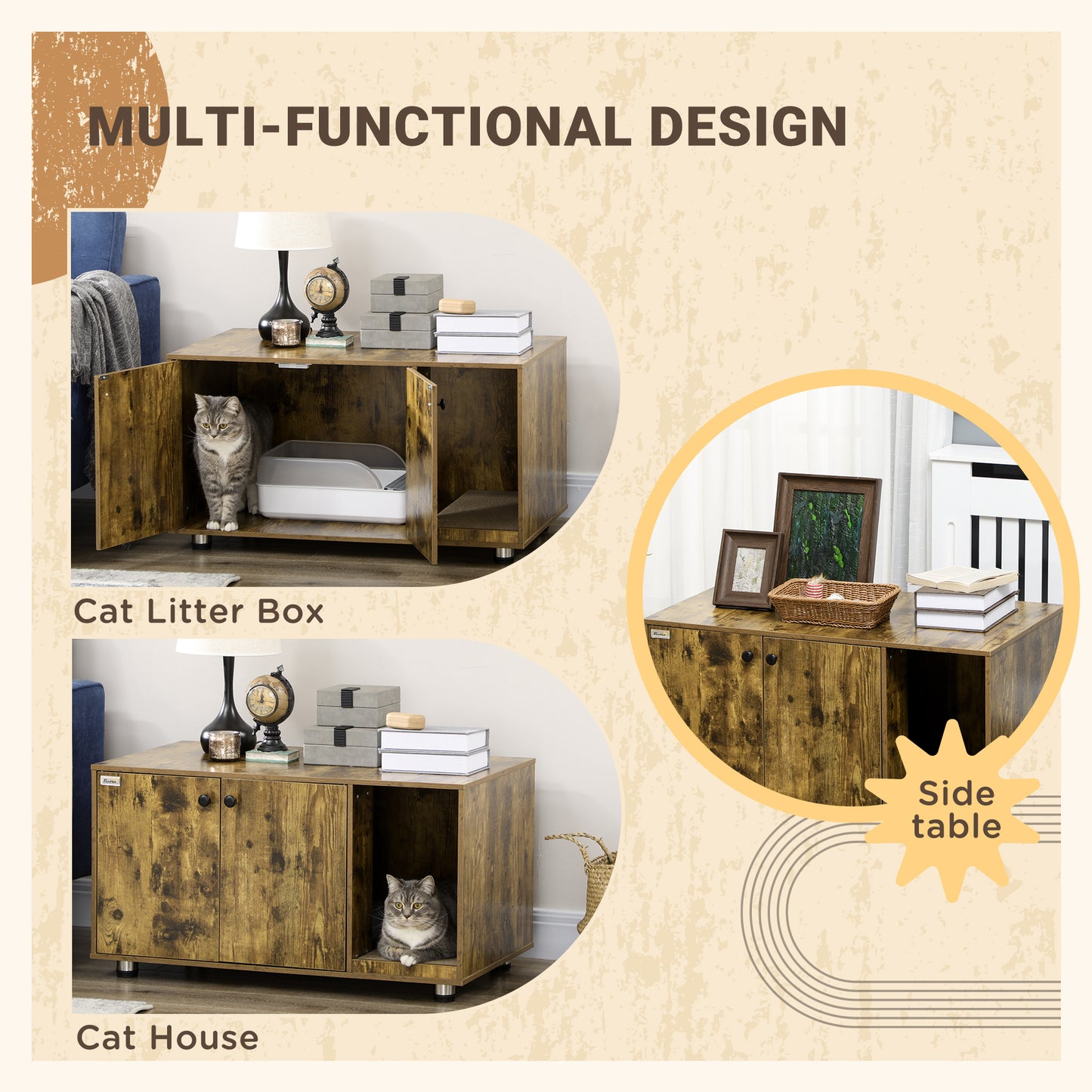 PawHut Cat Litter Box Enclosure, Hidden Cat Washroom, Decorative End Table with Double Doors, Scratching Pad for Living Room, Bedroom, Hallway, Rustic Brown