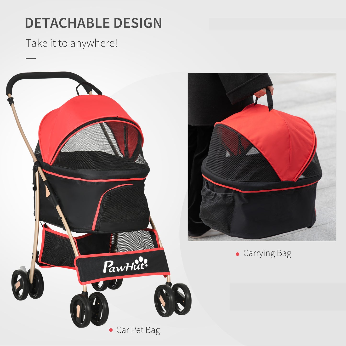 PawHut Detachable Pet Stroller, 3-In-1 Dog Cat Travel Carriage, Foldable Carrying Bag with Universal Wheel Brake Canopy Basket Storage Bag, Red